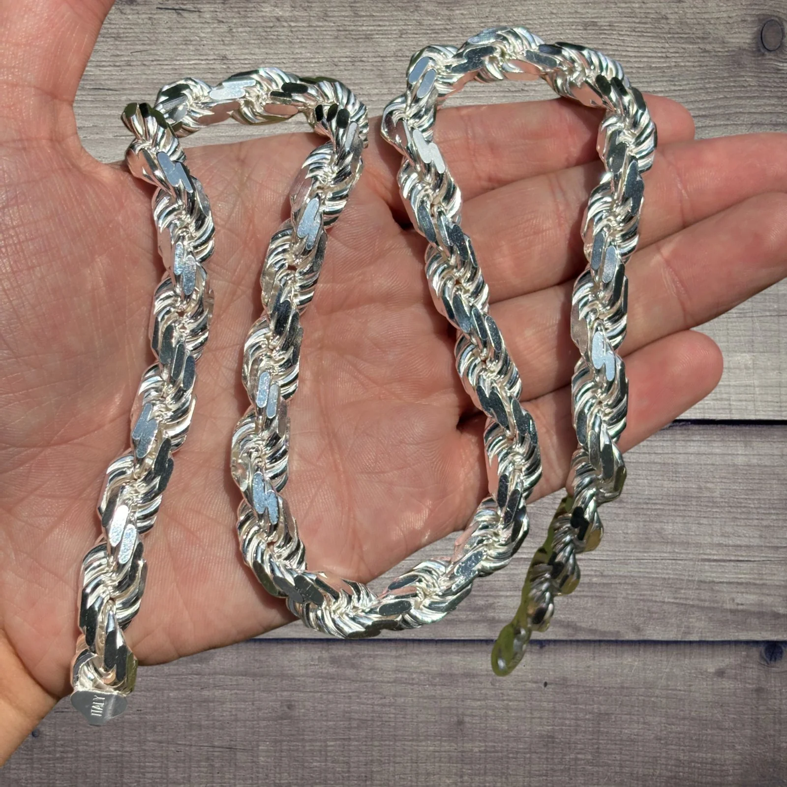 925 Sterling Silver 11mm Diamond Cut Rope Chain Necklace - Image 5