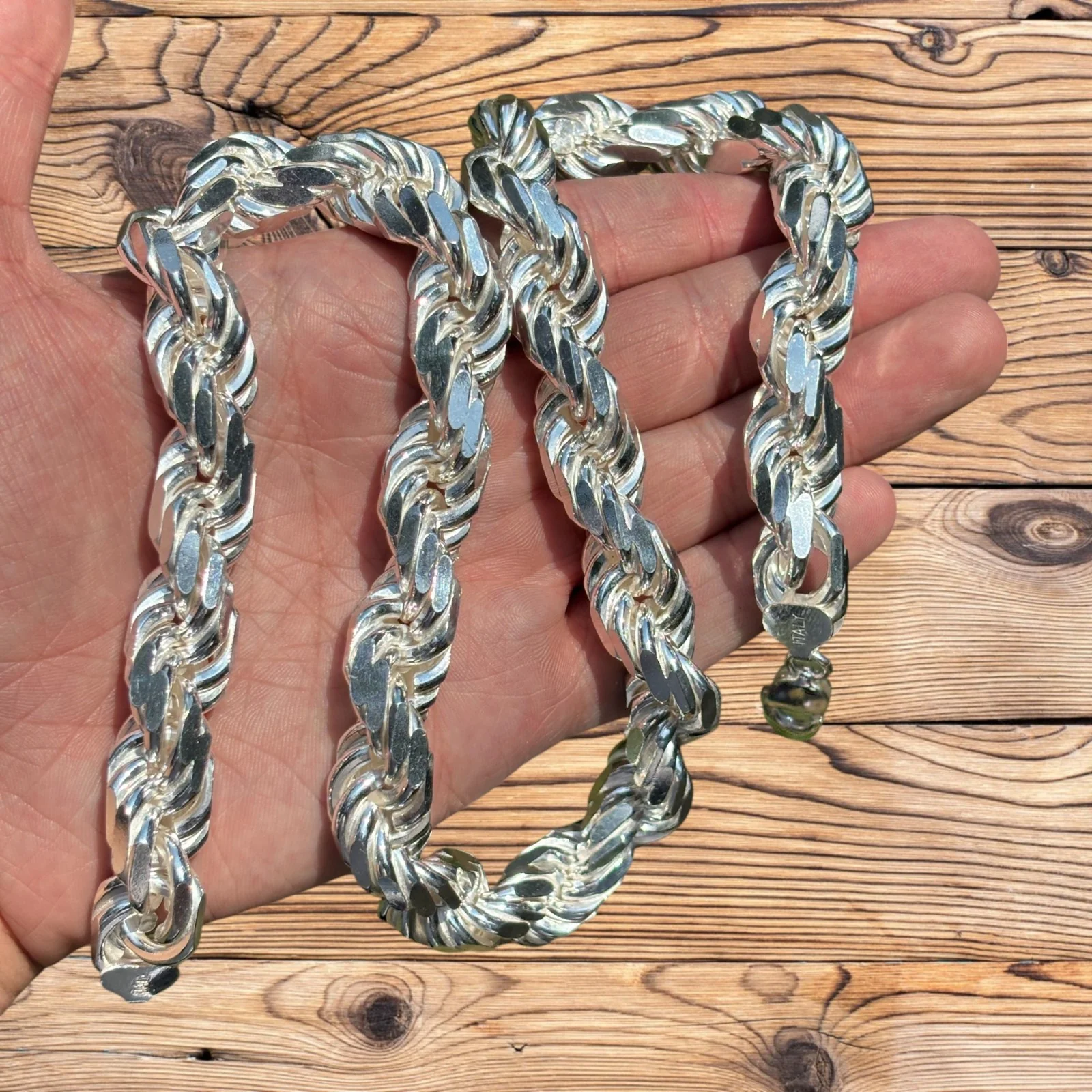925 Sterling Silver 14mm Diamond Cut Rope Chain Necklace - Image 5