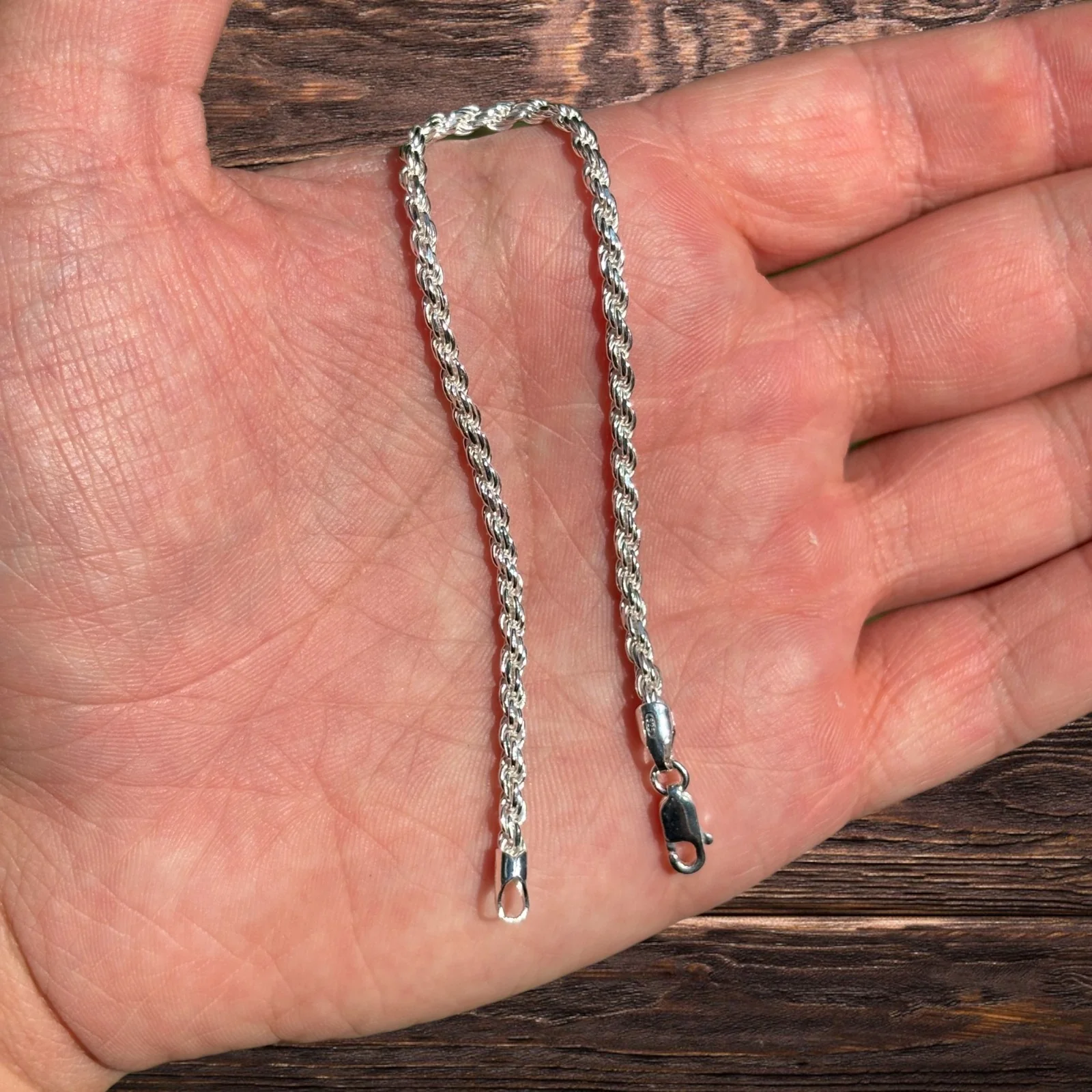 925 Sterling Silver 3mm Diamond Cut Rope Bracelet - Image 4