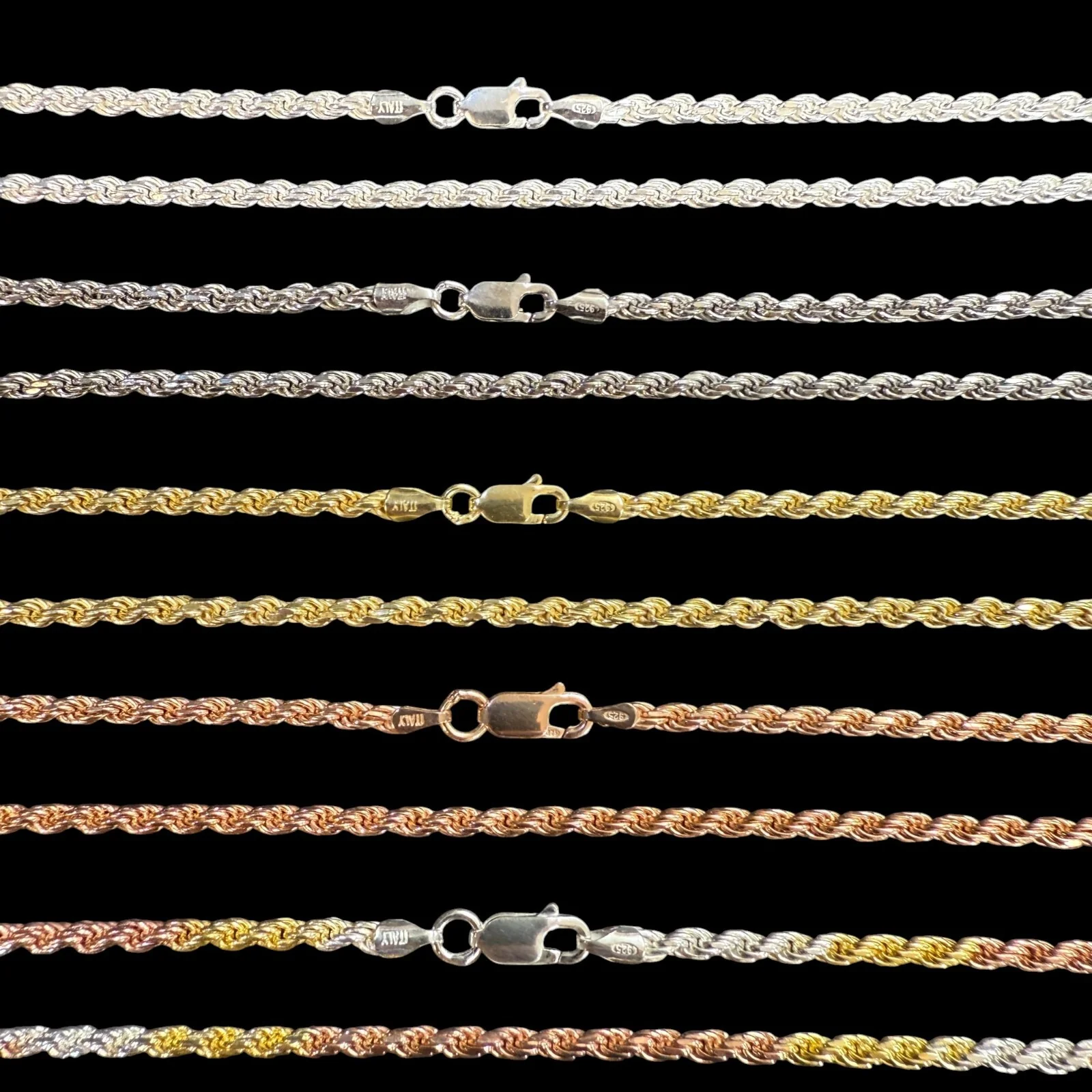 925 Sterling Silver 3mm Diamond Cut Rope Chain Necklace - Image 3