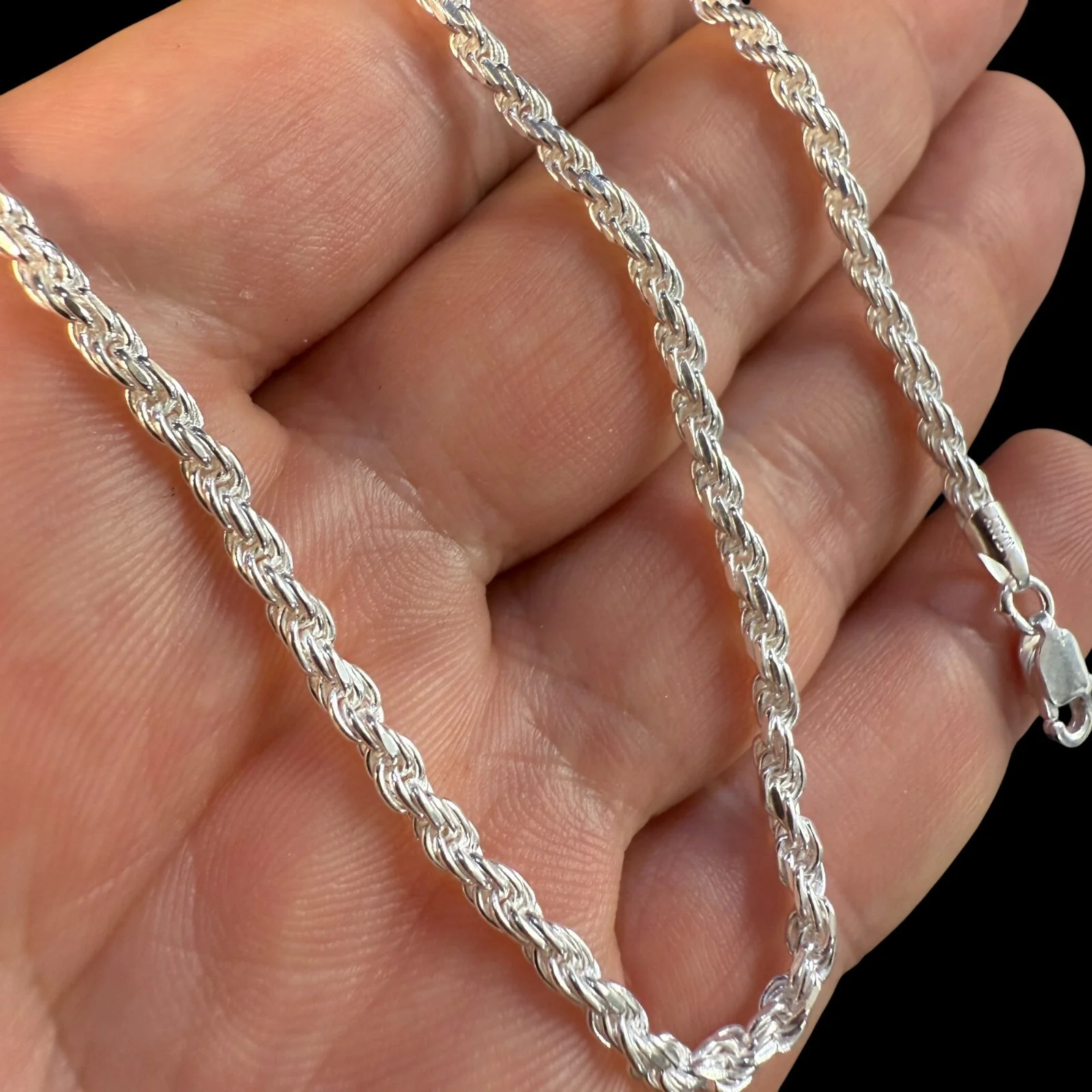 925 Sterling Silver 3mm Diamond Cut Rope Chain Necklace - Image 5