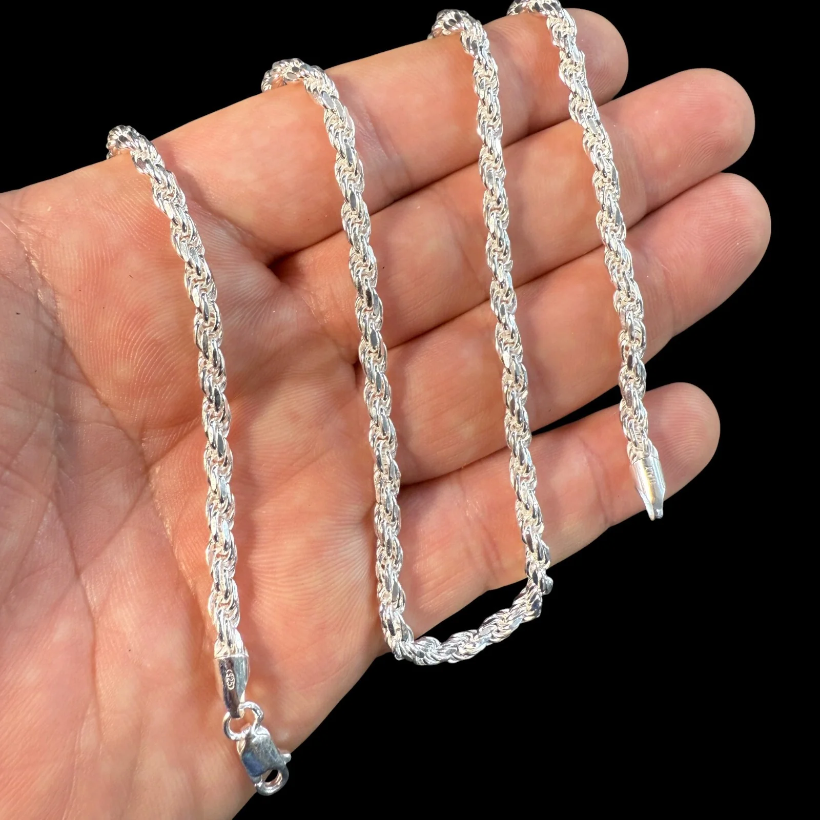 925 Sterling Silver 4mm Diamond Cut Rope Chain Necklace - Image 10