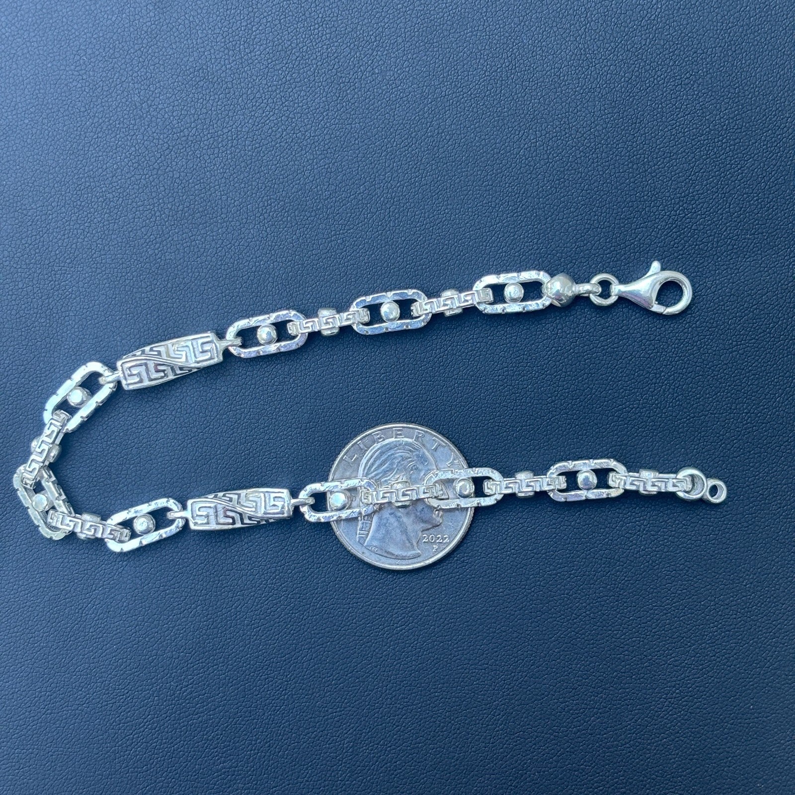 925 Sterling Silver 7mm Greek Key Rolo Link Bracelet - Image 10