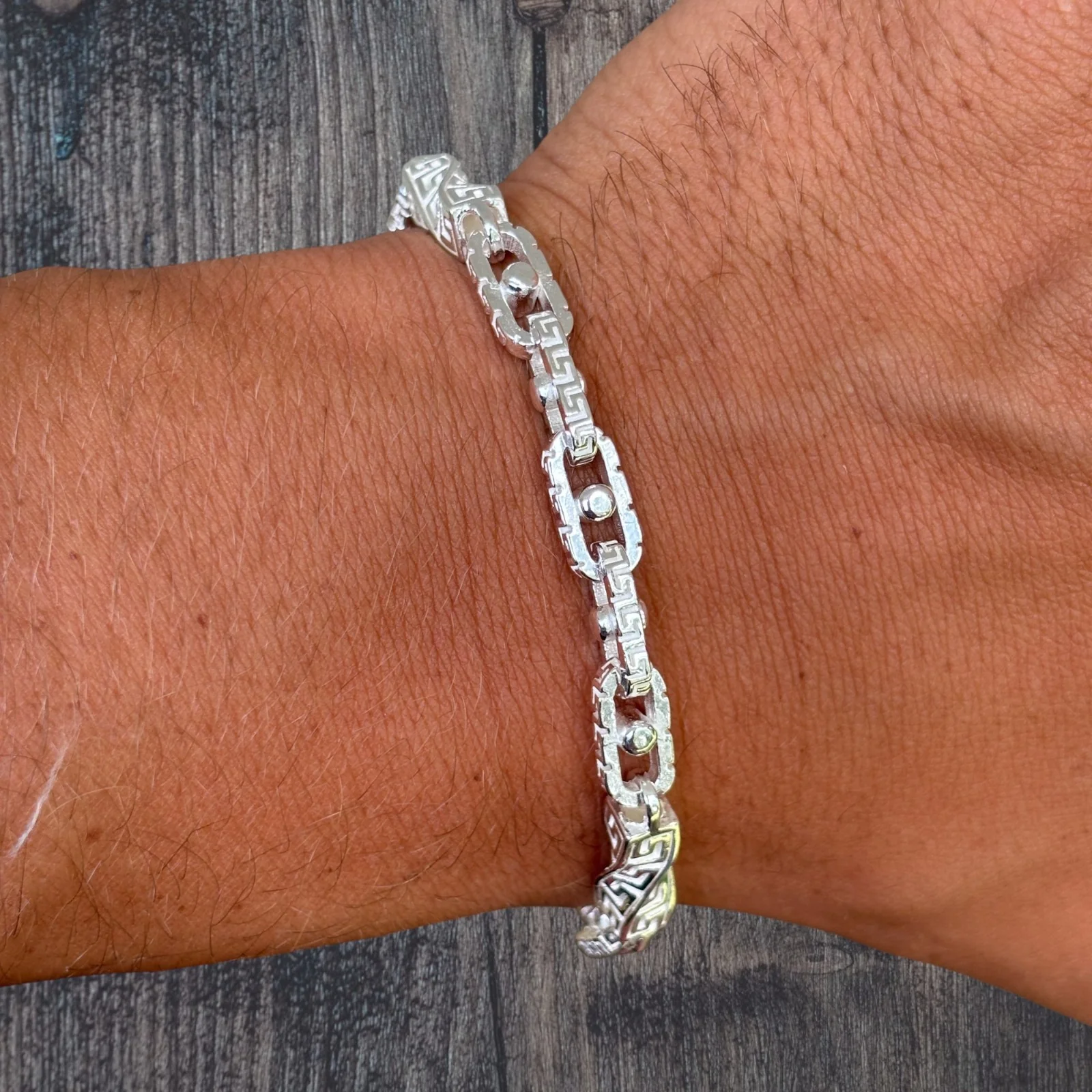 925 Sterling Silver 7mm Greek Key Rolo Link Bracelet - Image 11