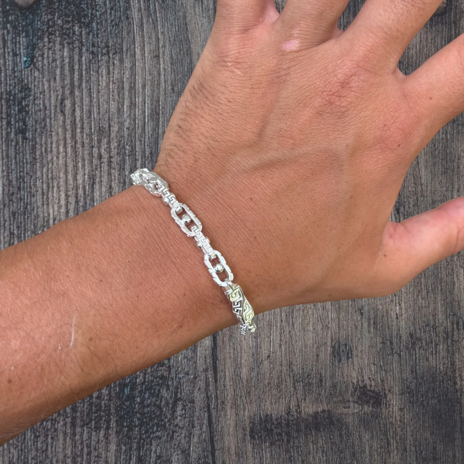 925 Sterling Silver 7mm Greek Key Rolo Link Bracelet - Image 12