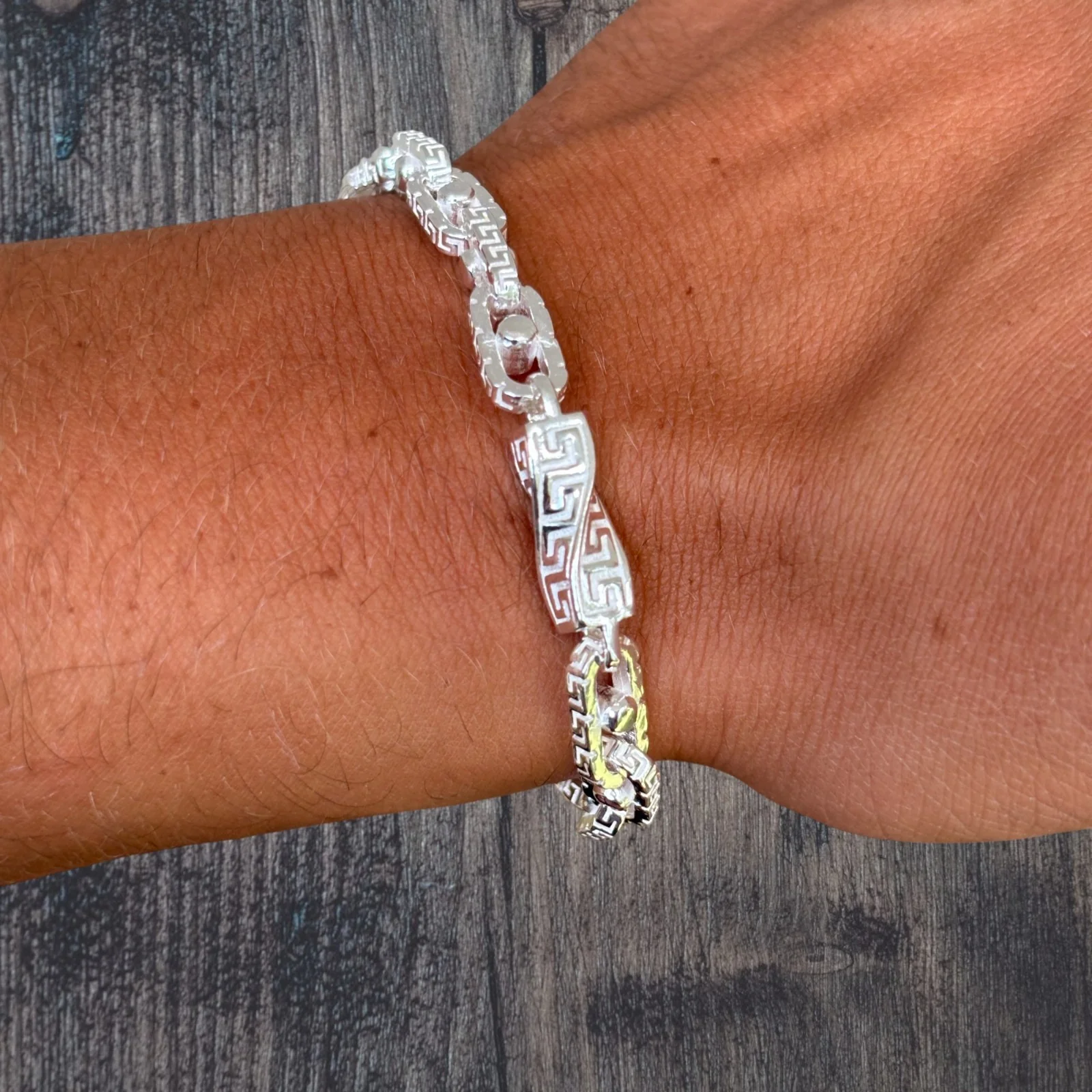 925 Sterling Silver 7mm Greek Key Rolo Link Bracelet - Image 13