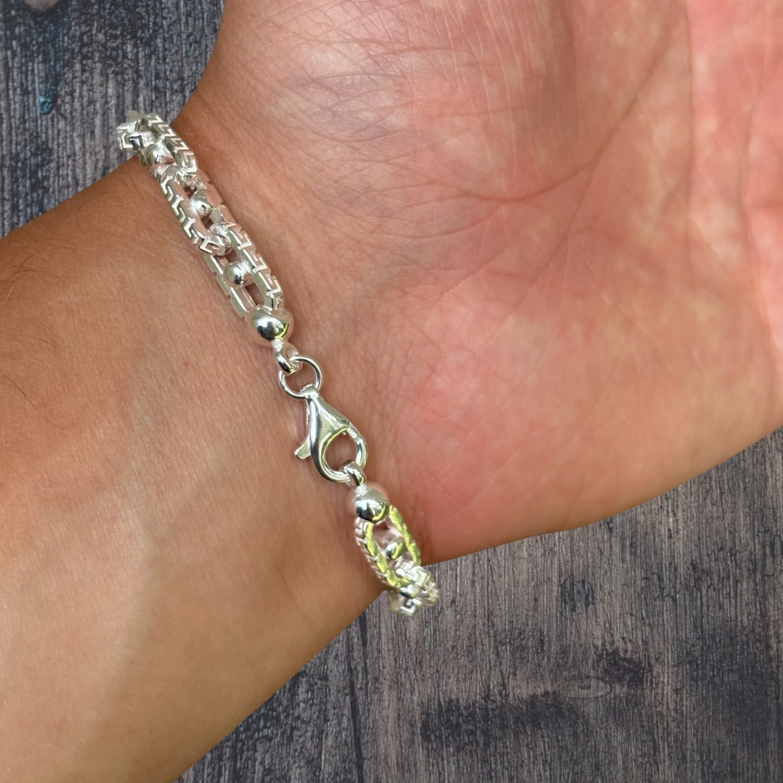 925 Sterling Silver 7mm Greek Key Rolo Link Bracelet - Image 14
