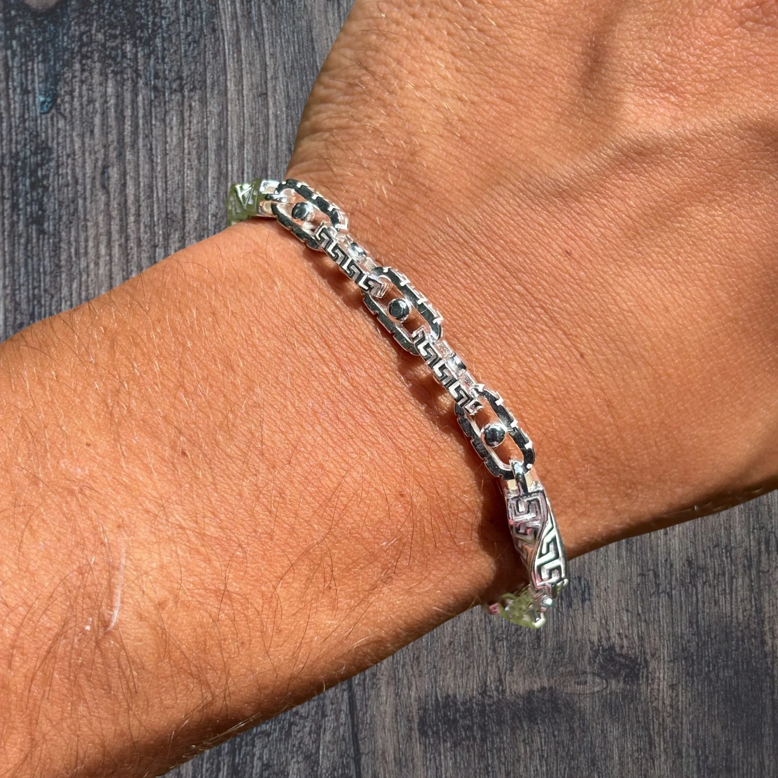 925 Sterling Silver 7mm Greek Key Rolo Link Bracelet - Image 3