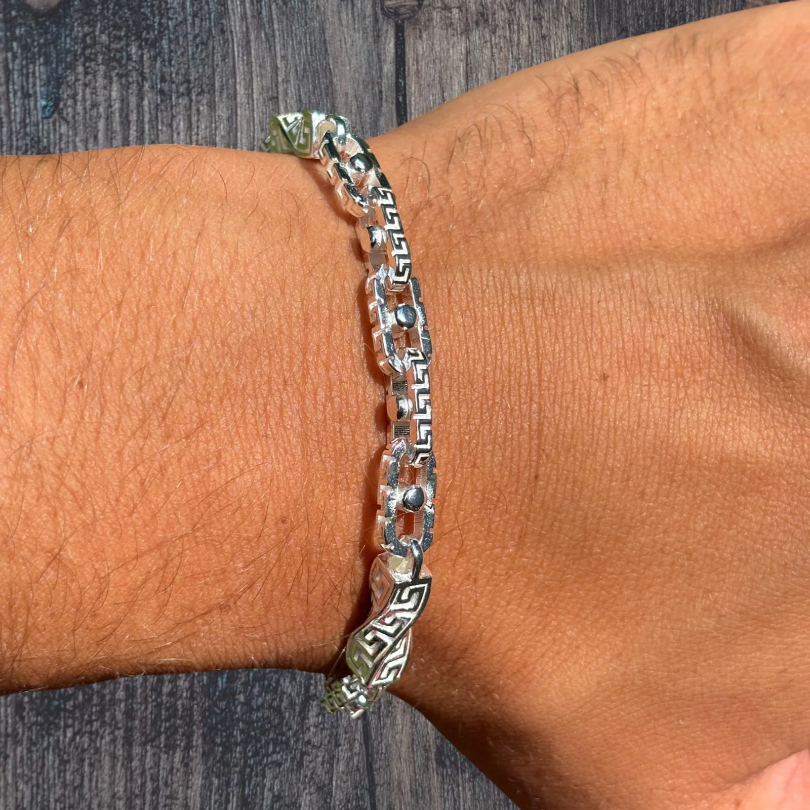 925 Sterling Silver 7mm Greek Key Rolo Link Bracelet - Image 5