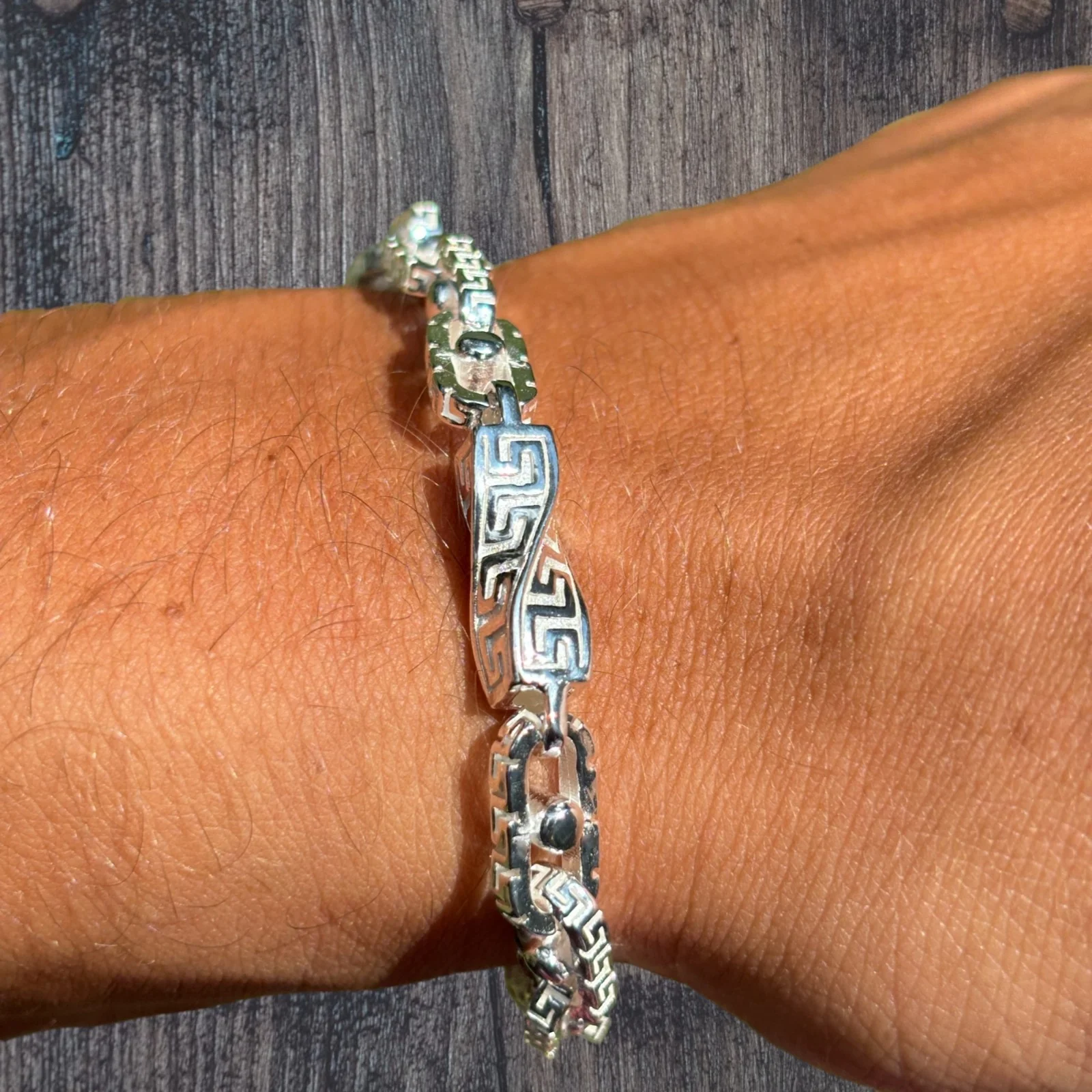 925 Sterling Silver 7mm Greek Key Rolo Link Bracelet - Image 6