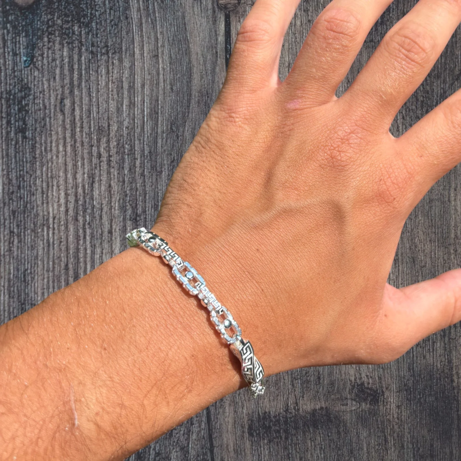 925 Sterling Silver 7mm Greek Key Rolo Link Bracelet - Image 8