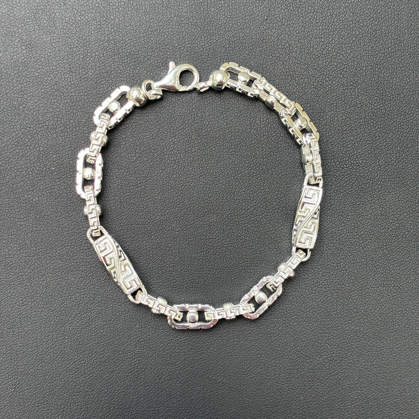 925 Sterling Silver 7mm Greek Key Rolo Link Bracelet - Image 9