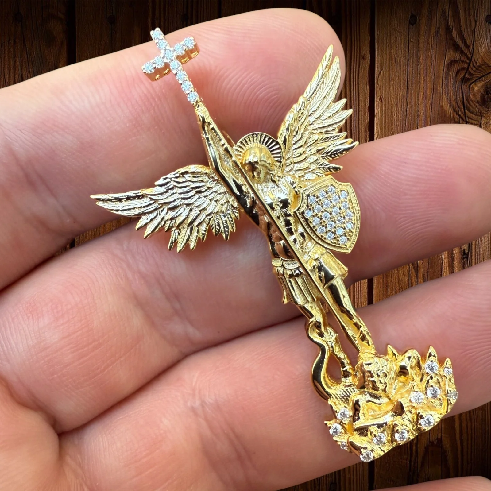 925 Sterling Silver St Michael Pendant With Moissanite - Medium - Image 11