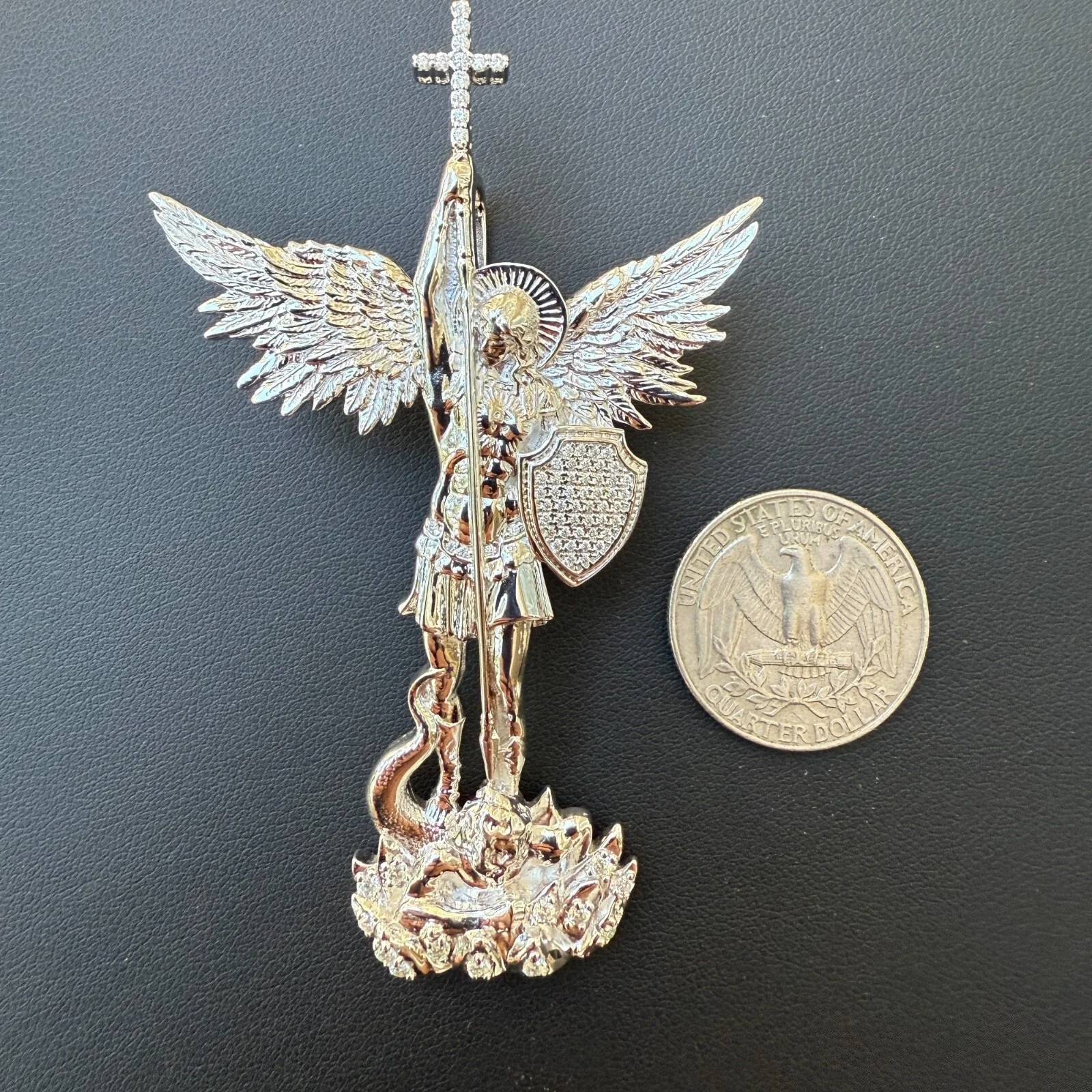 925 Sterling Silver St Michael Pendant With Moissanite - Large - Image 5