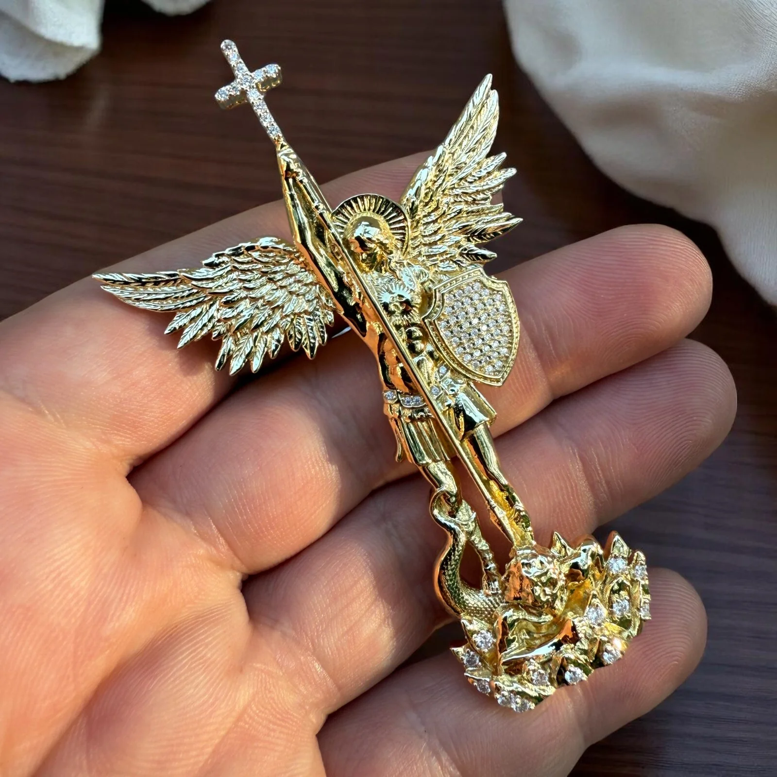 925 Sterling Silver St Michael Pendant With Moissanite - Large - Image 9