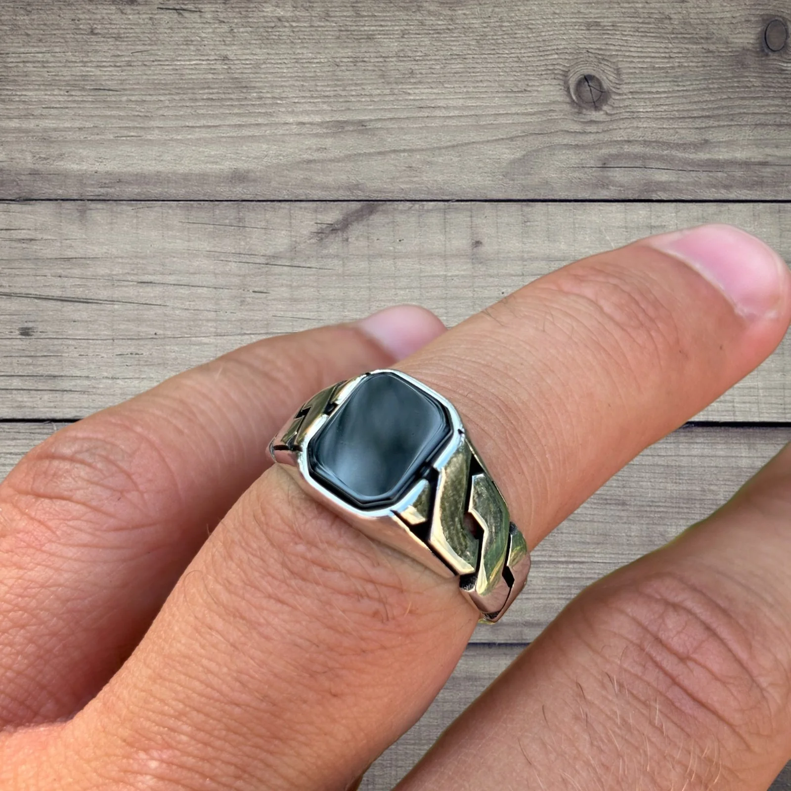 925 Sterling Silver Black Onyx Stone Cuban Ring - Image 4
