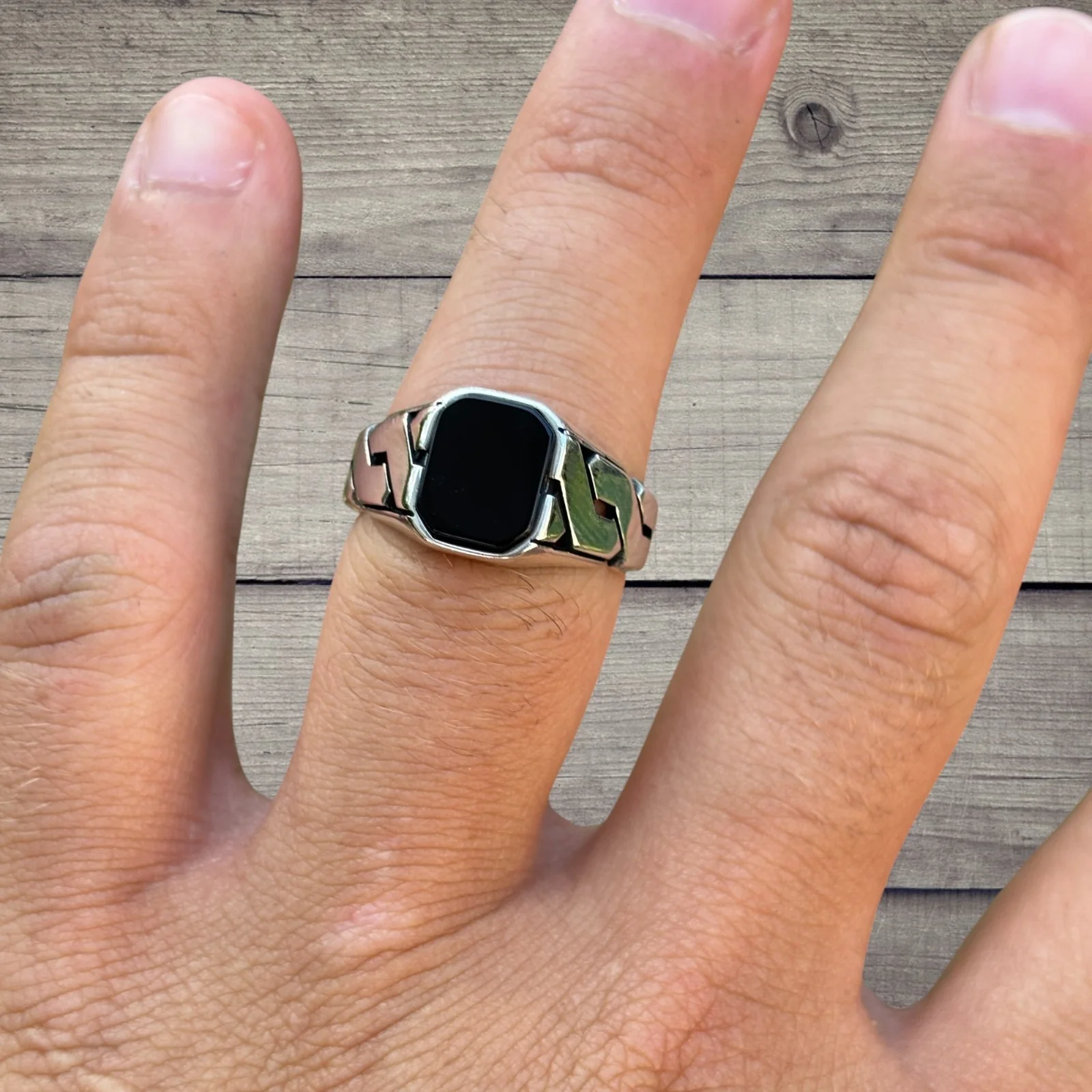 925 Sterling Silver Black Onyx Stone Cuban Ring - Image 6