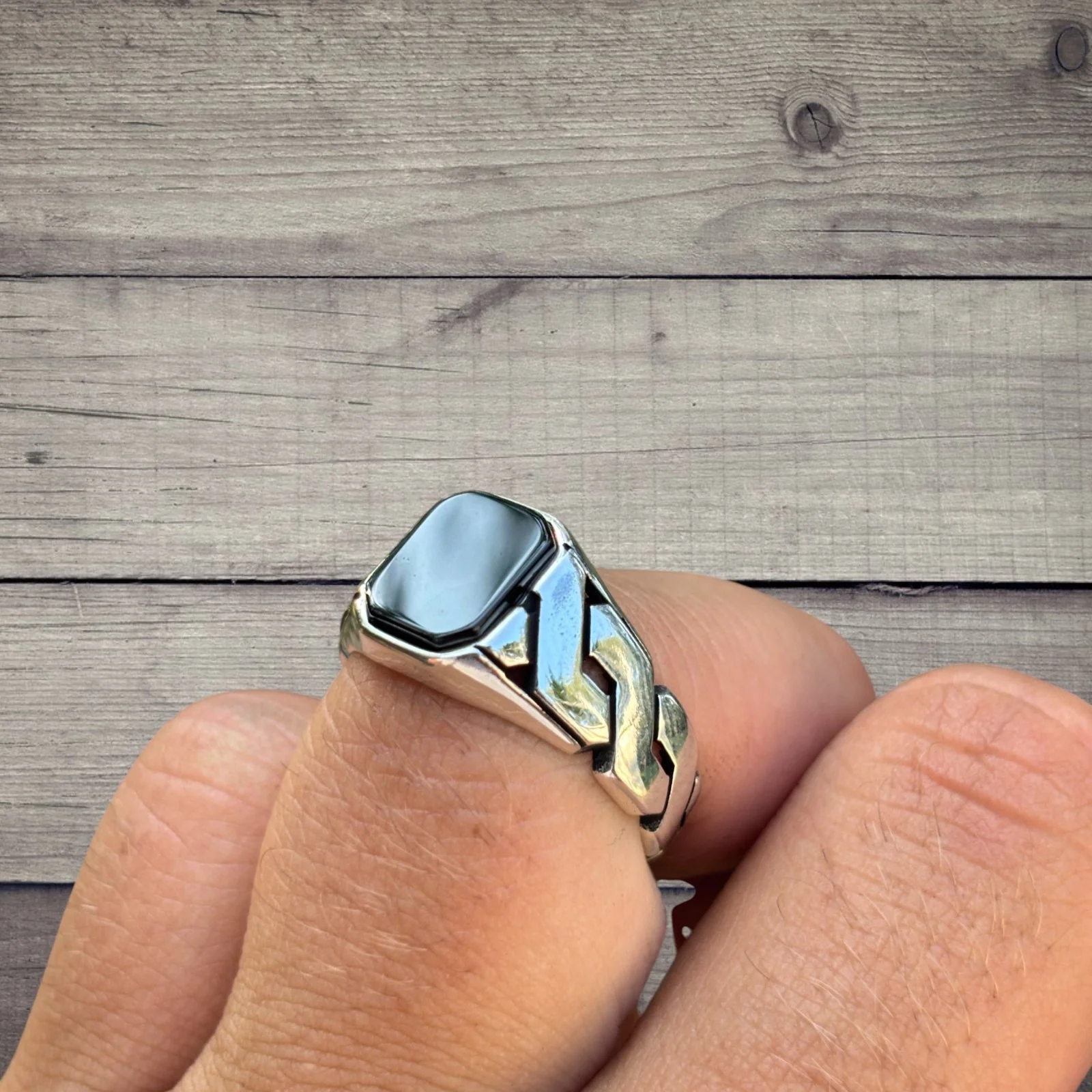925 Sterling Silver Black Onyx Stone Cuban Ring - Image 7