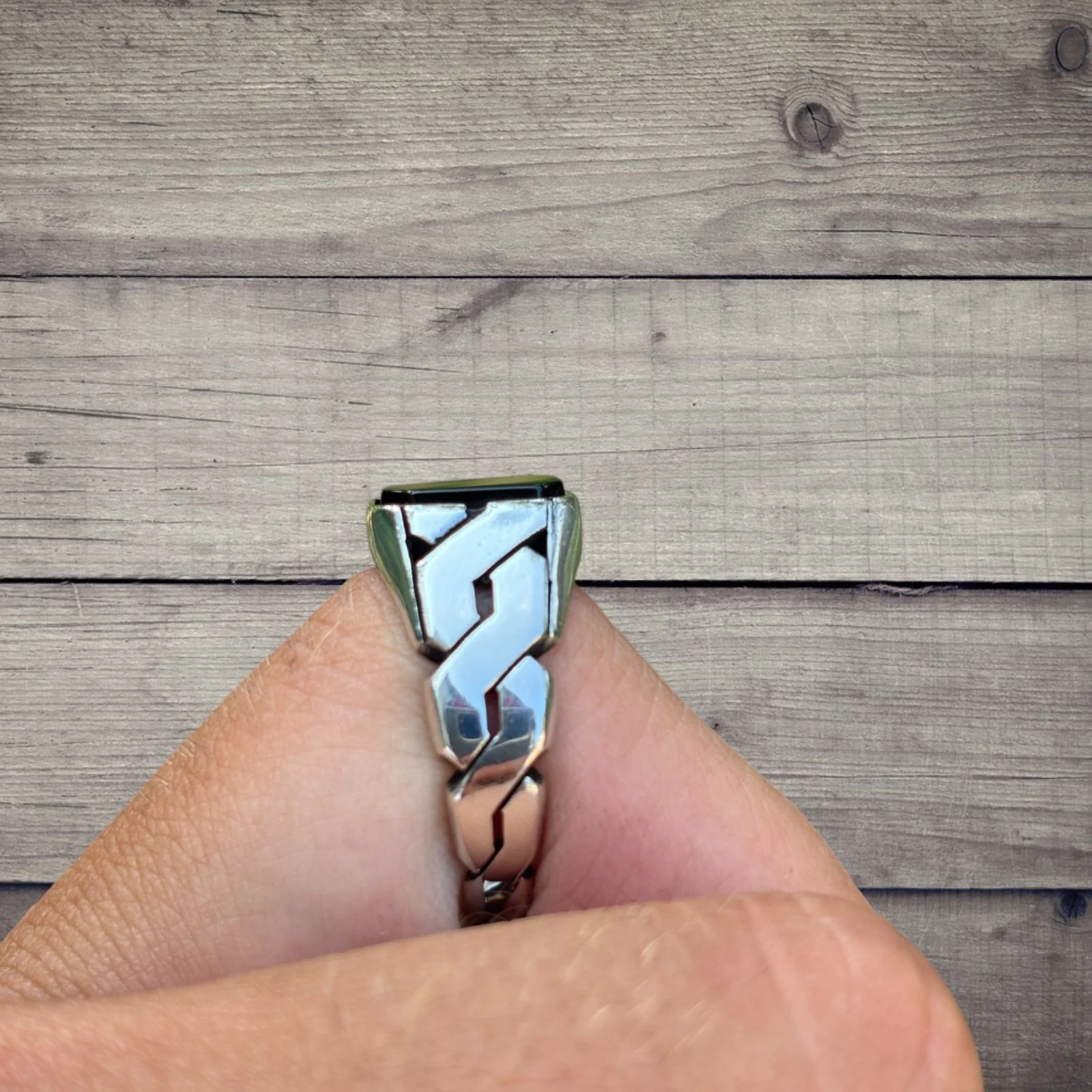 925 Sterling Silver Black Onyx Stone Cuban Ring - Image 8