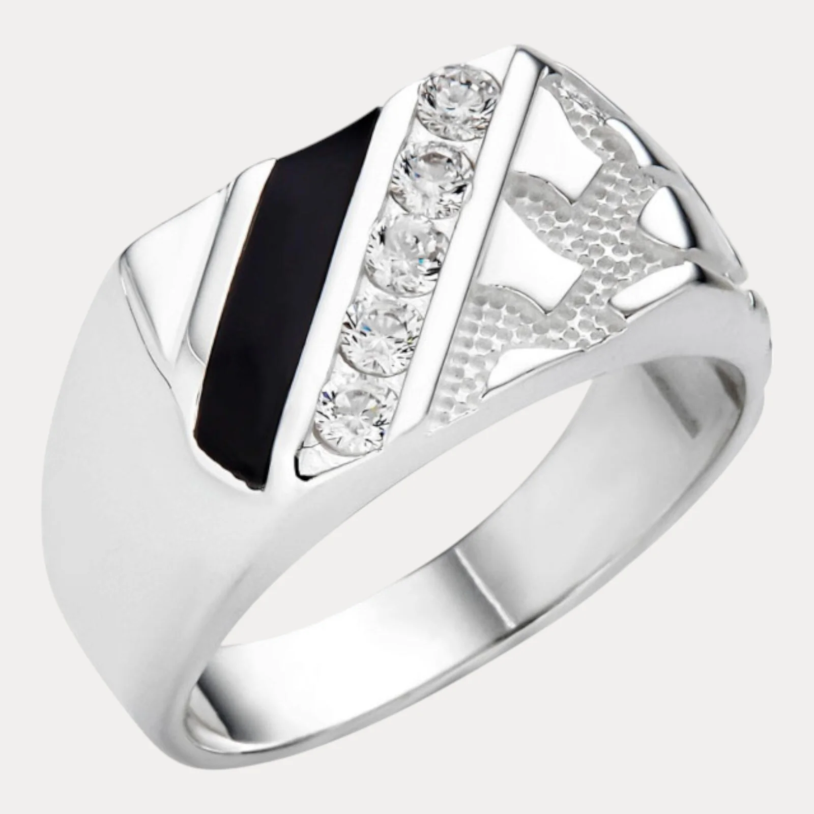 925 Sterling Silver Nugget Ring With Black Onyx & CZ Stones
