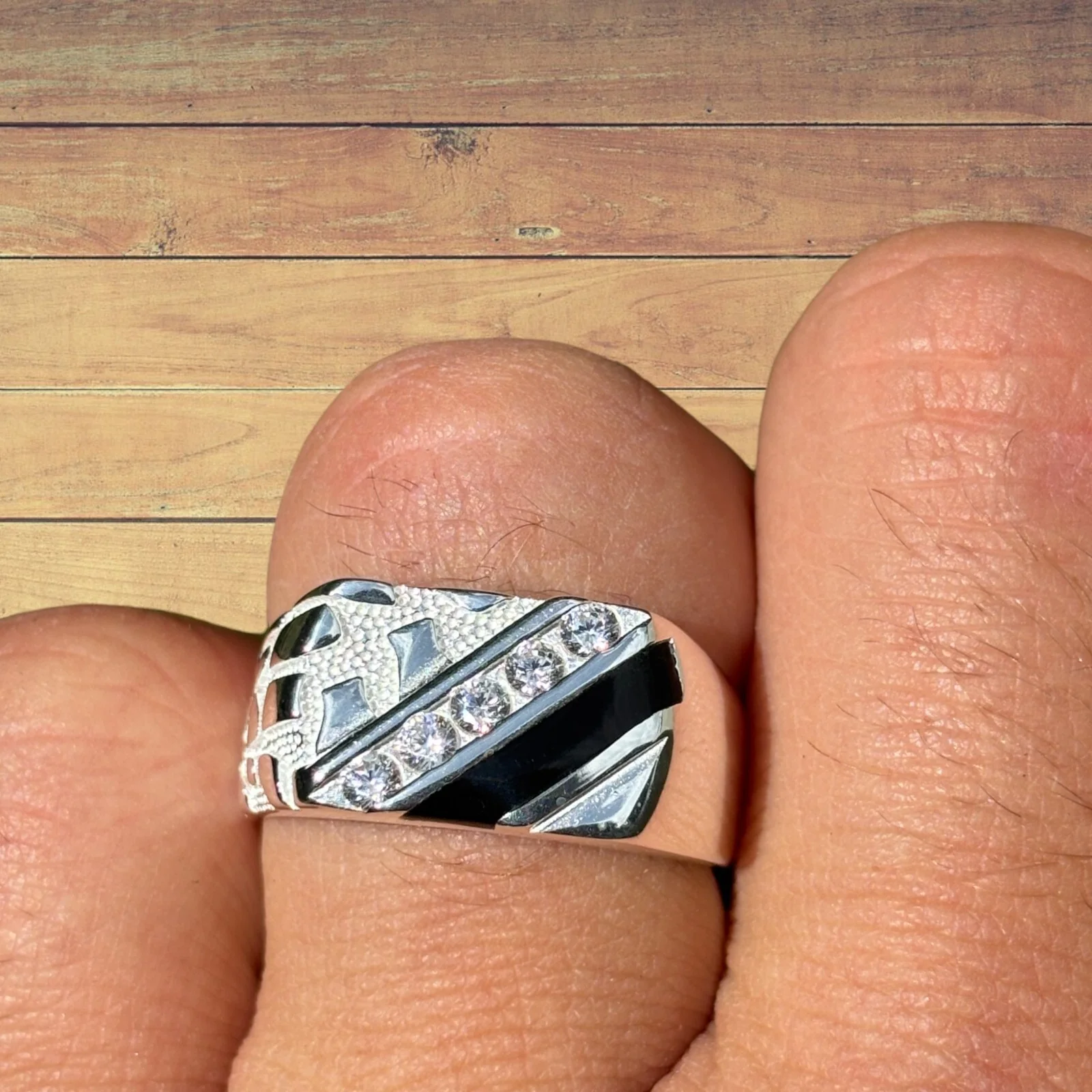 925 Sterling Silver Nugget Ring With Black Onyx & CZ Stones - Image 5