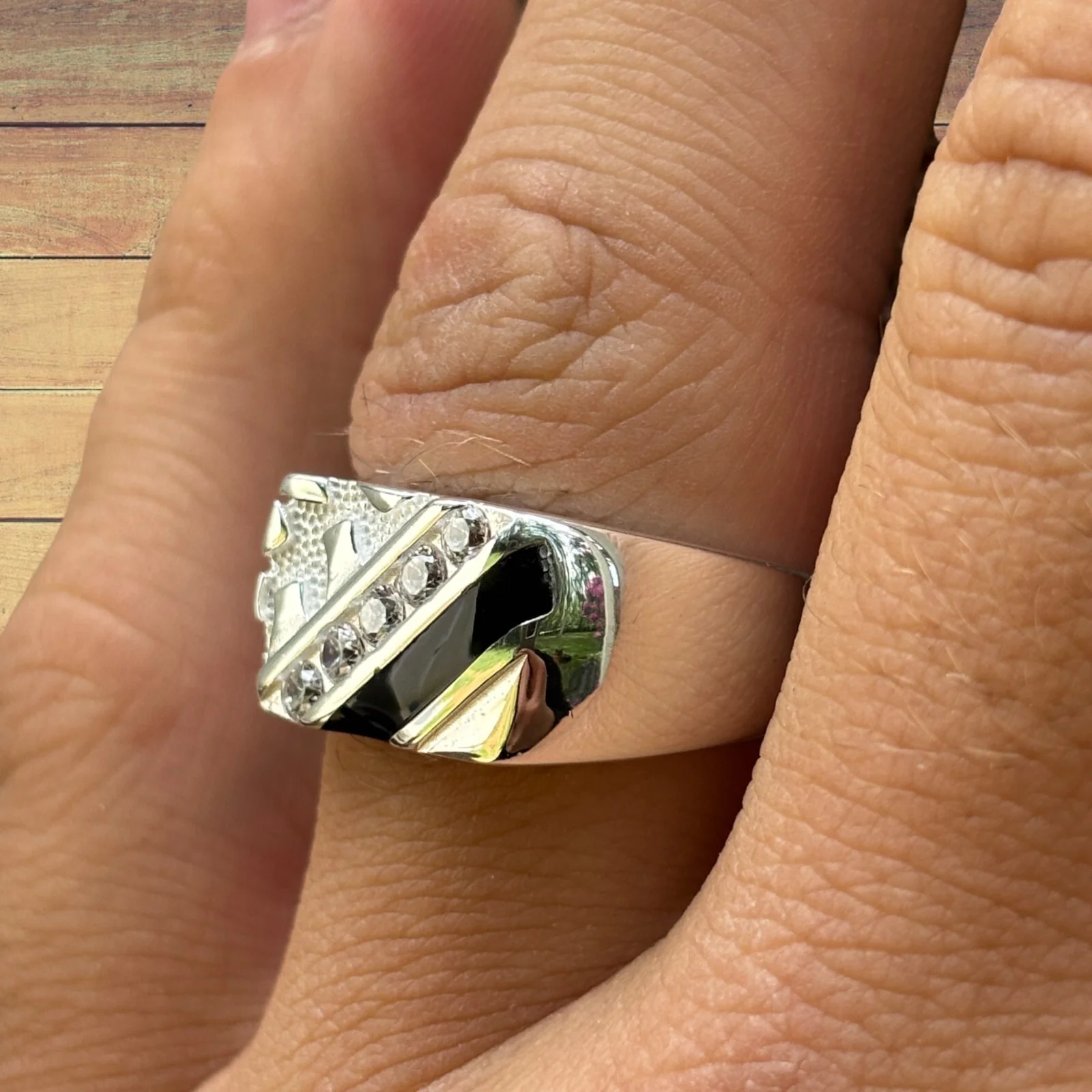 925 Sterling Silver Nugget Ring With Black Onyx & CZ Stones - Image 7