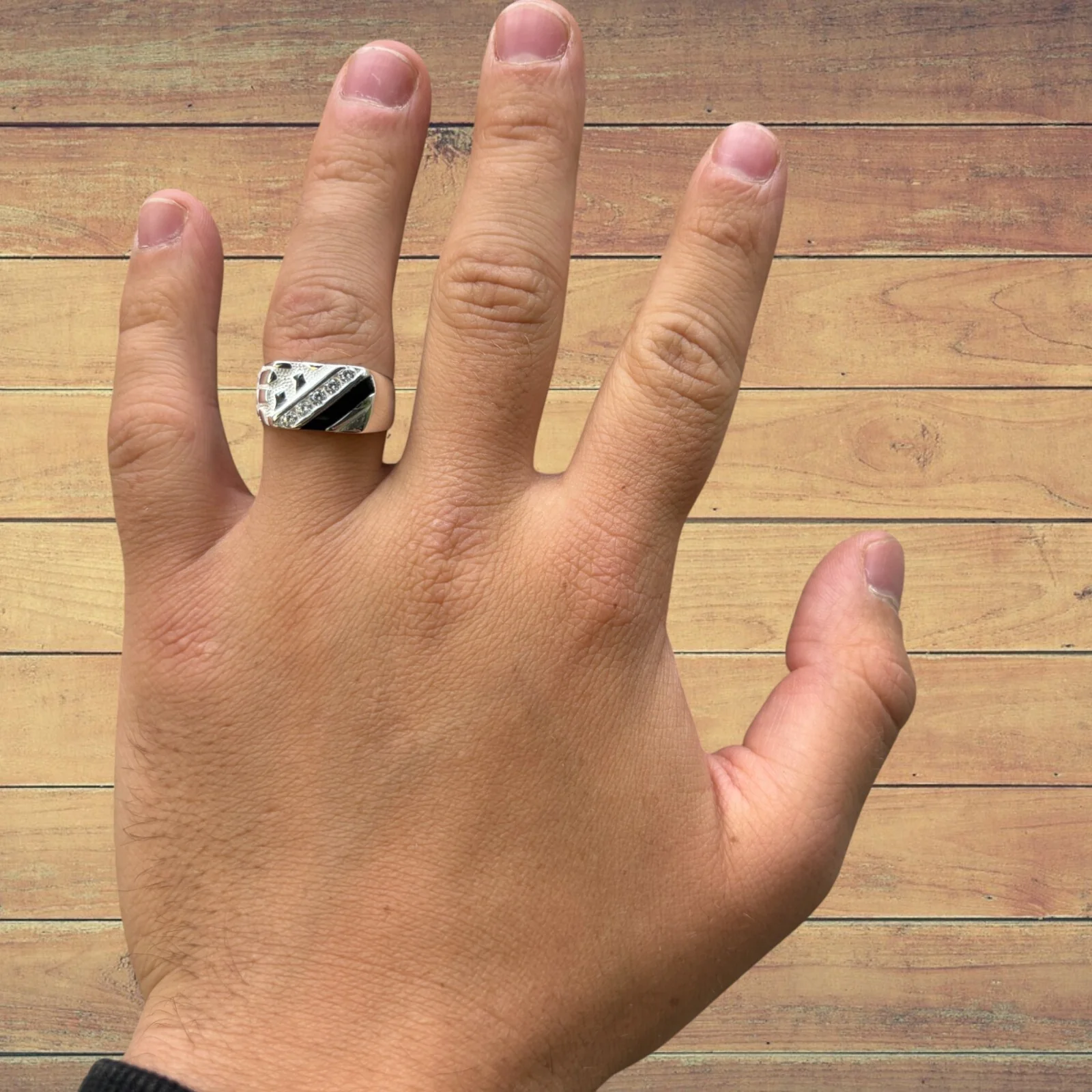 925 Sterling Silver Nugget Ring With Black Onyx & CZ Stones - Image 8