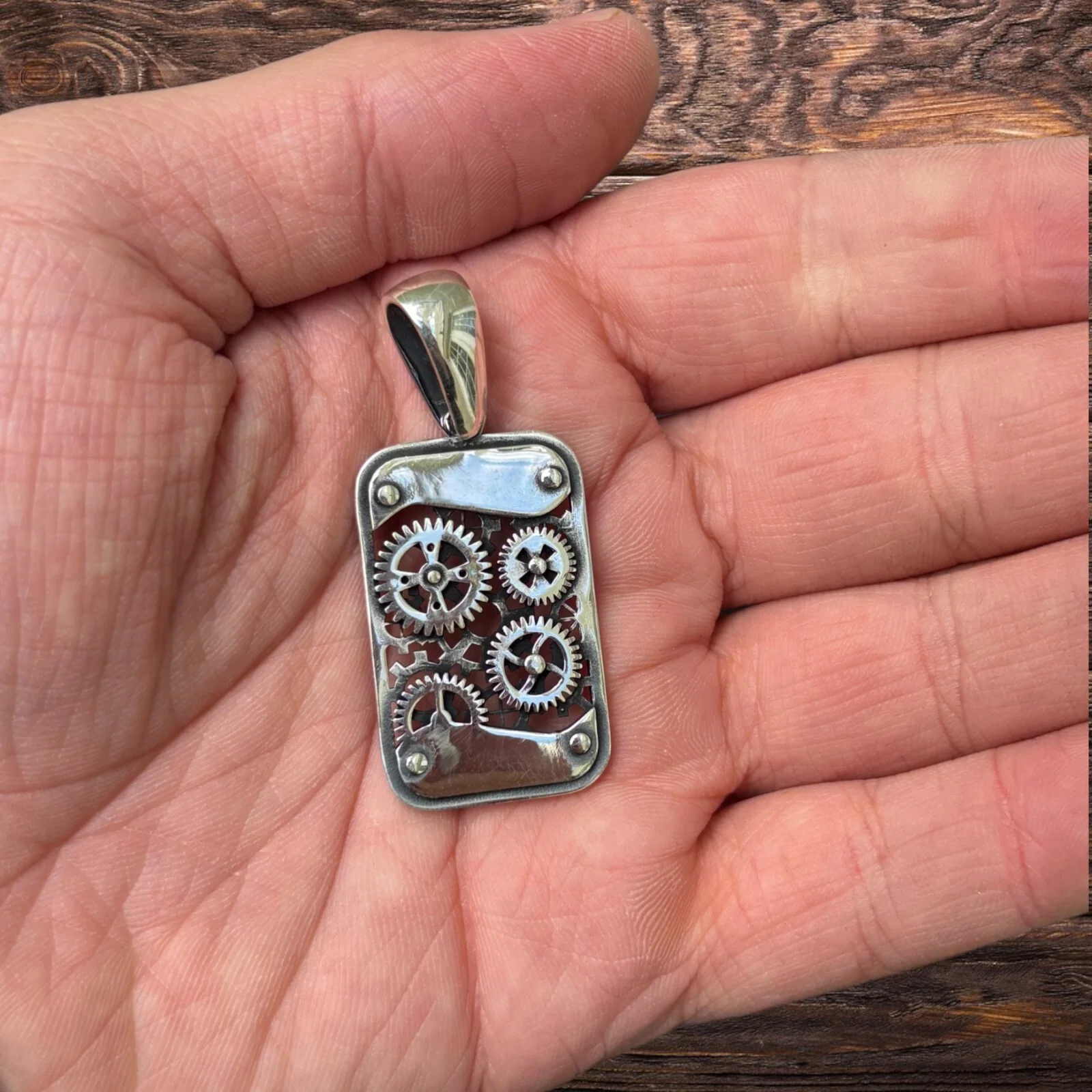 925 Sterling Silver Gears On A Dog Tag Pendant - Image 5
