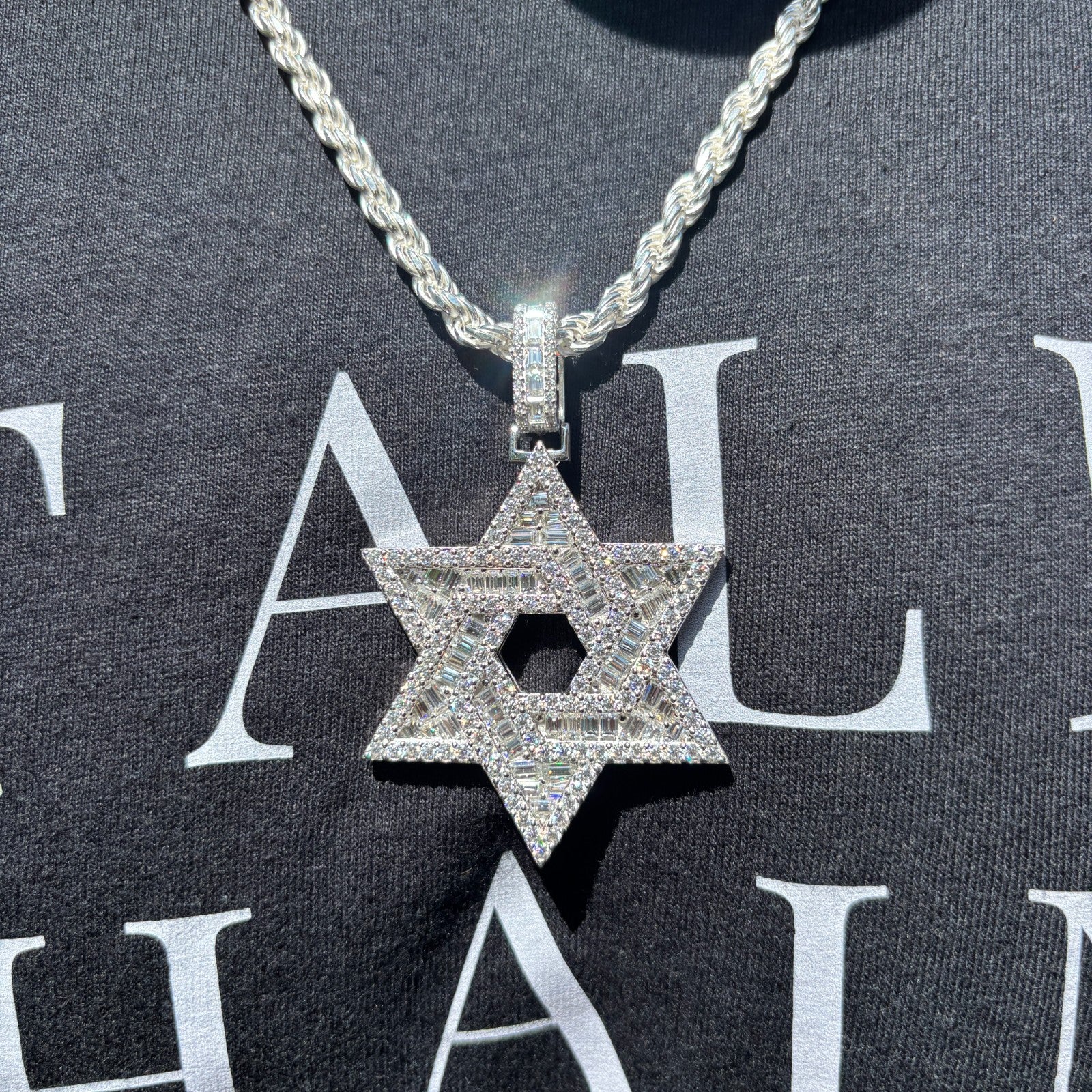 925 Sterling Silver Baguette Moissanite Star Of David Pendant - Large - Image 10