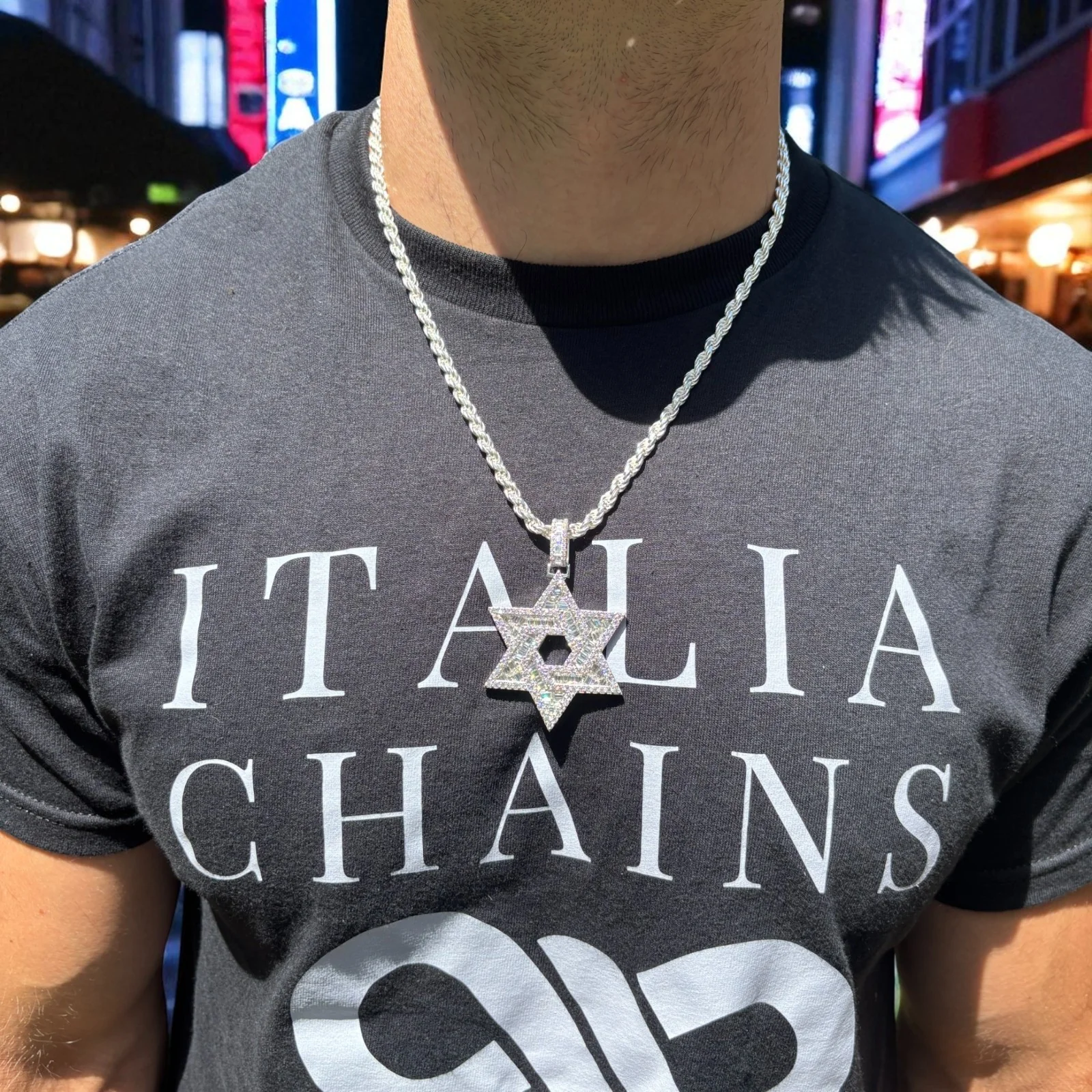 925 Sterling Silver Baguette Moissanite Star Of David Pendant - Large - Image 11