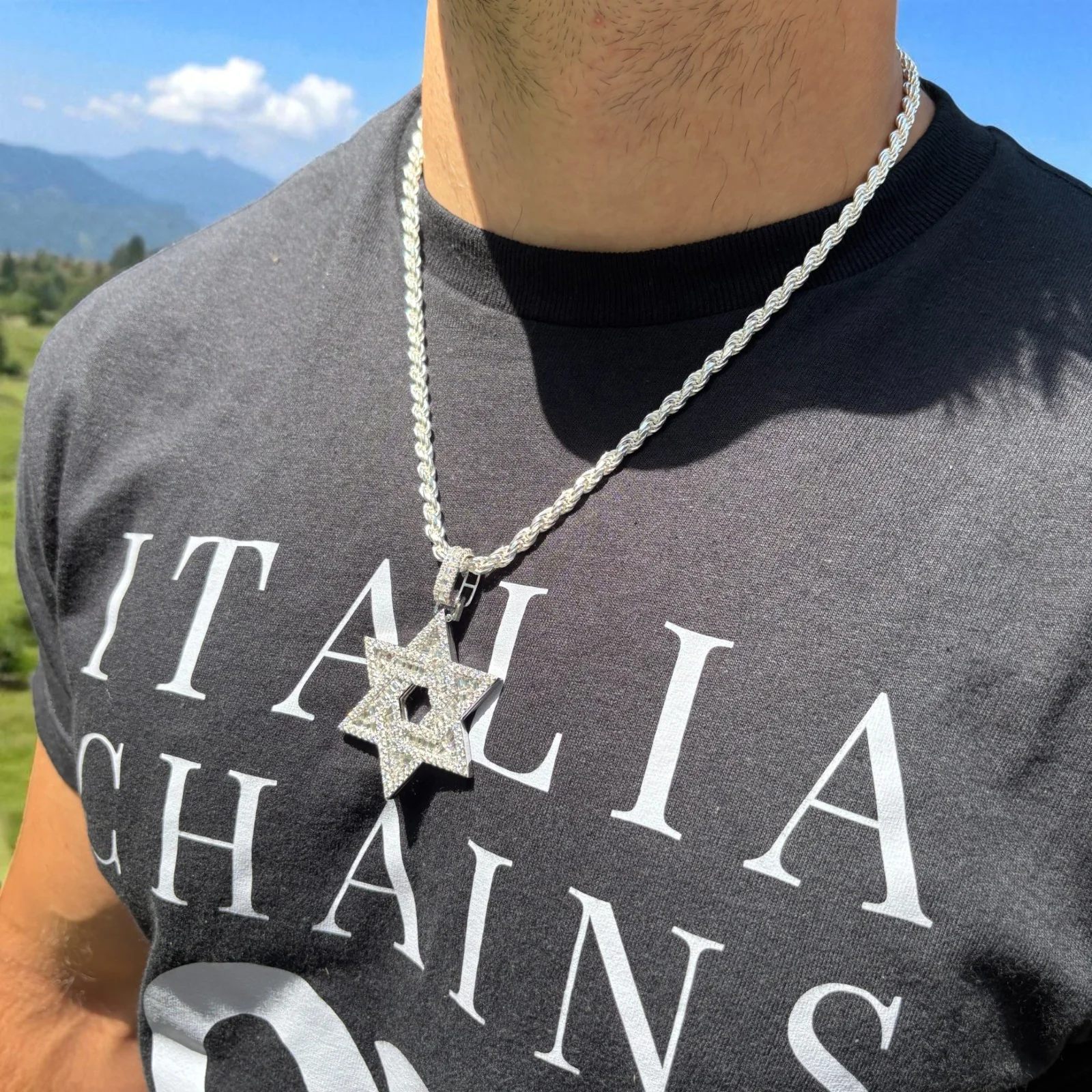 925 Sterling Silver Baguette Moissanite Star Of David Pendant - Large - Image 12