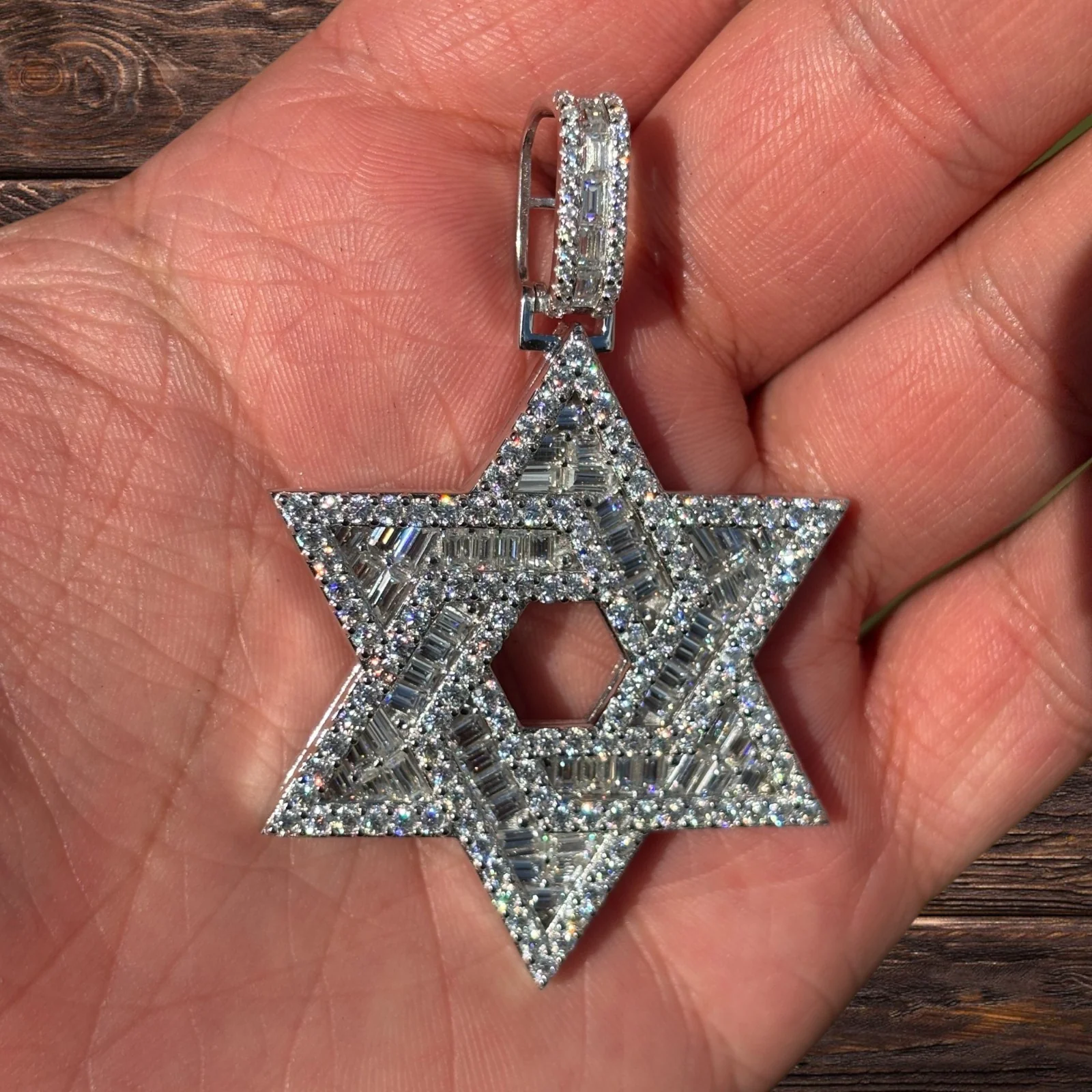 925 Sterling Silver Baguette Moissanite Star Of David Pendant - Large - Image 5