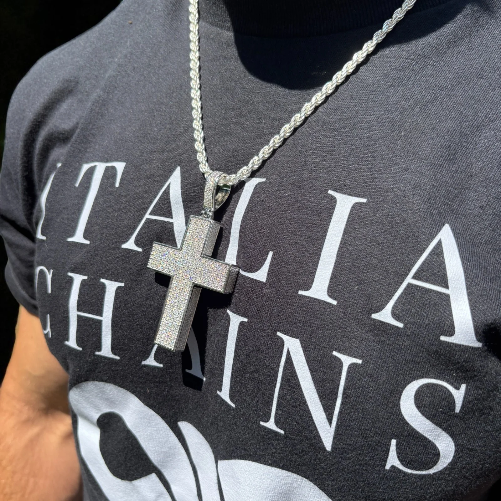 925 Sterling Silver 3D Cross Pendant With Moissanite - Large - Image 12