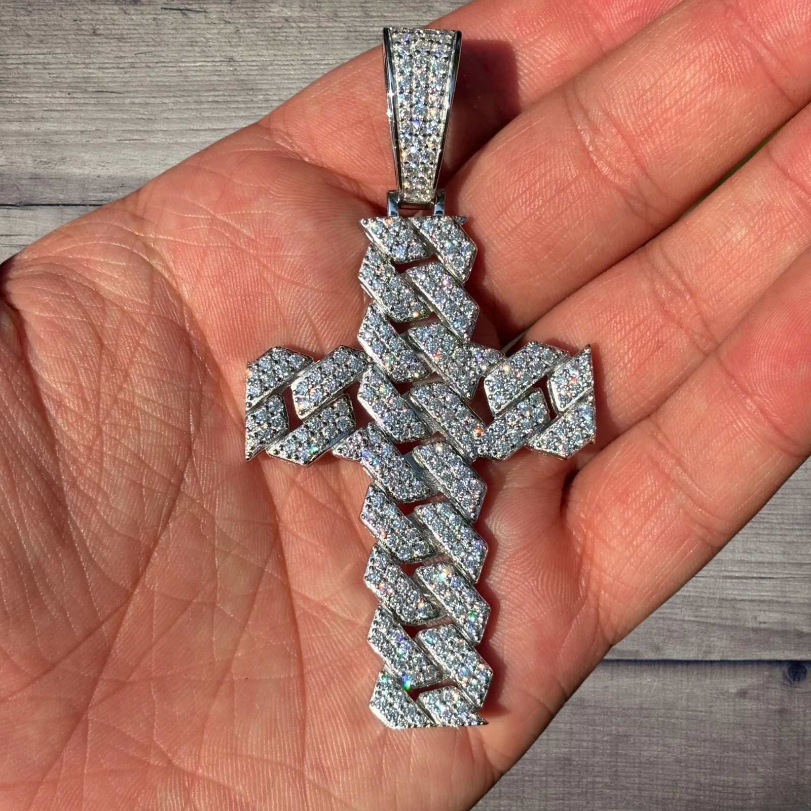 925 Sterling Silver Cuban Prong Cross With Moissanite - Large - Image 6