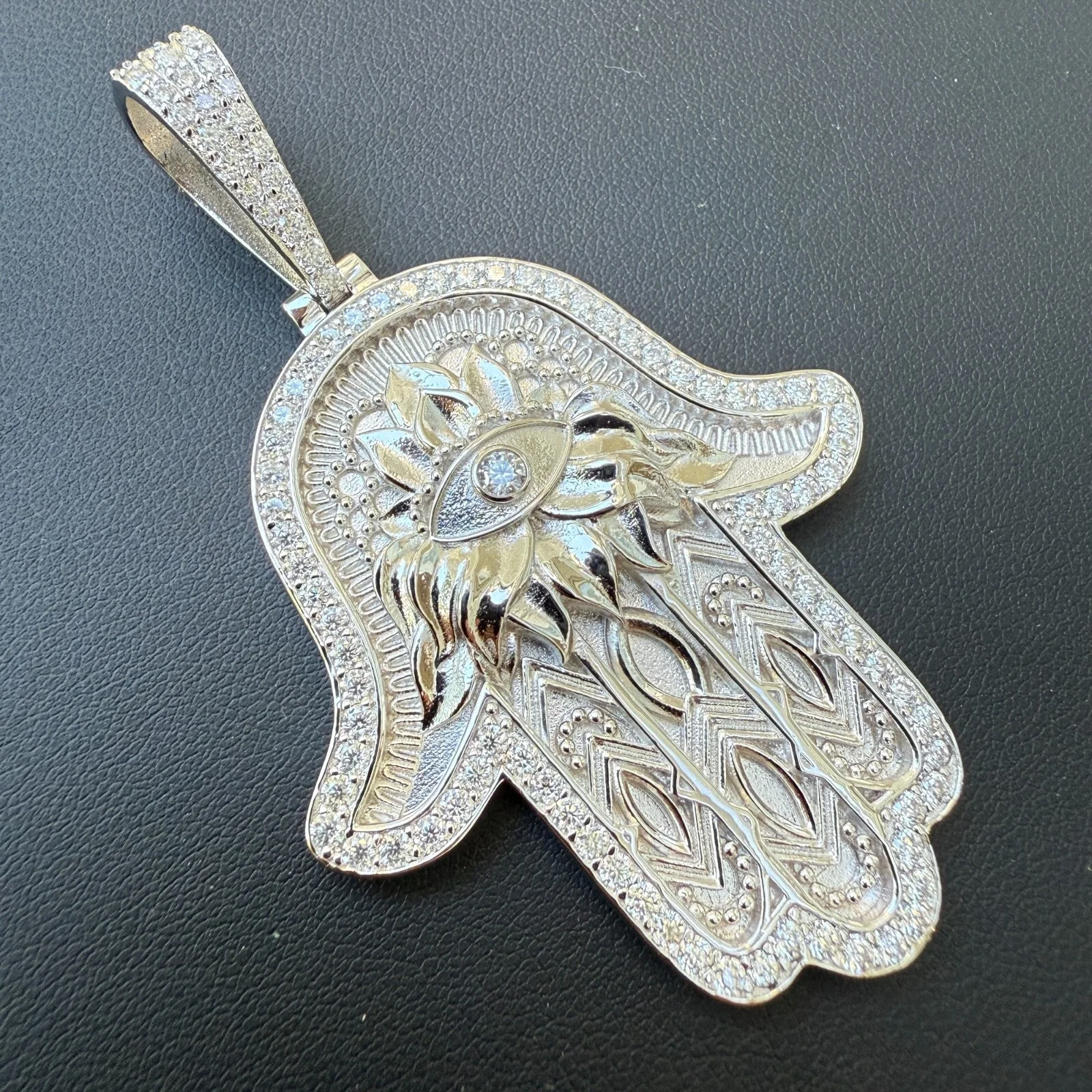 925 Sterling Silver Hamsa Hand Pendant With Moissanite - Large - Image 15