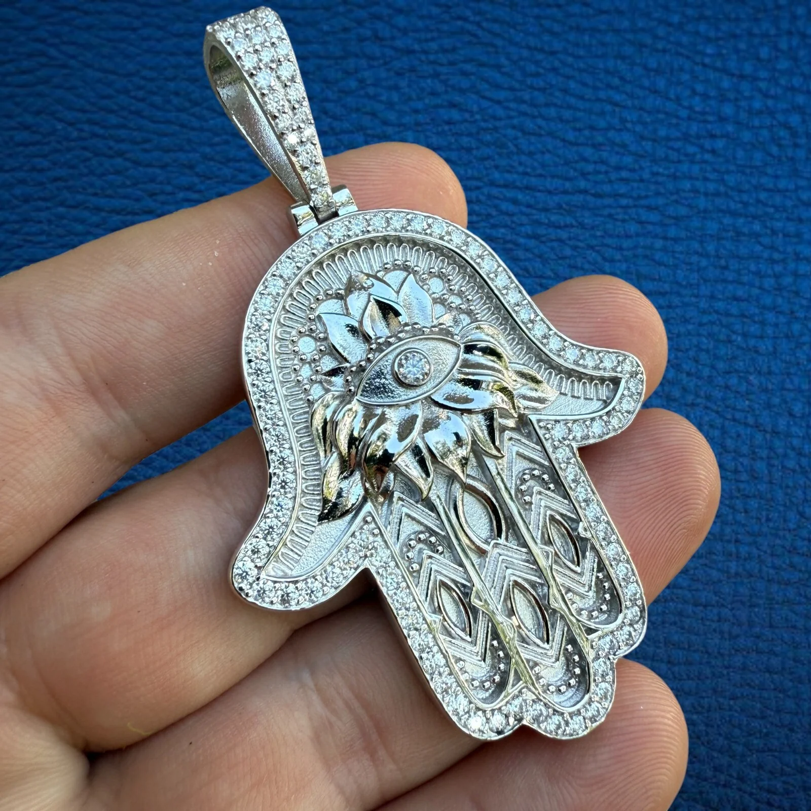 925 Sterling Silver Hamsa Hand Pendant With Moissanite - Large - Image 17