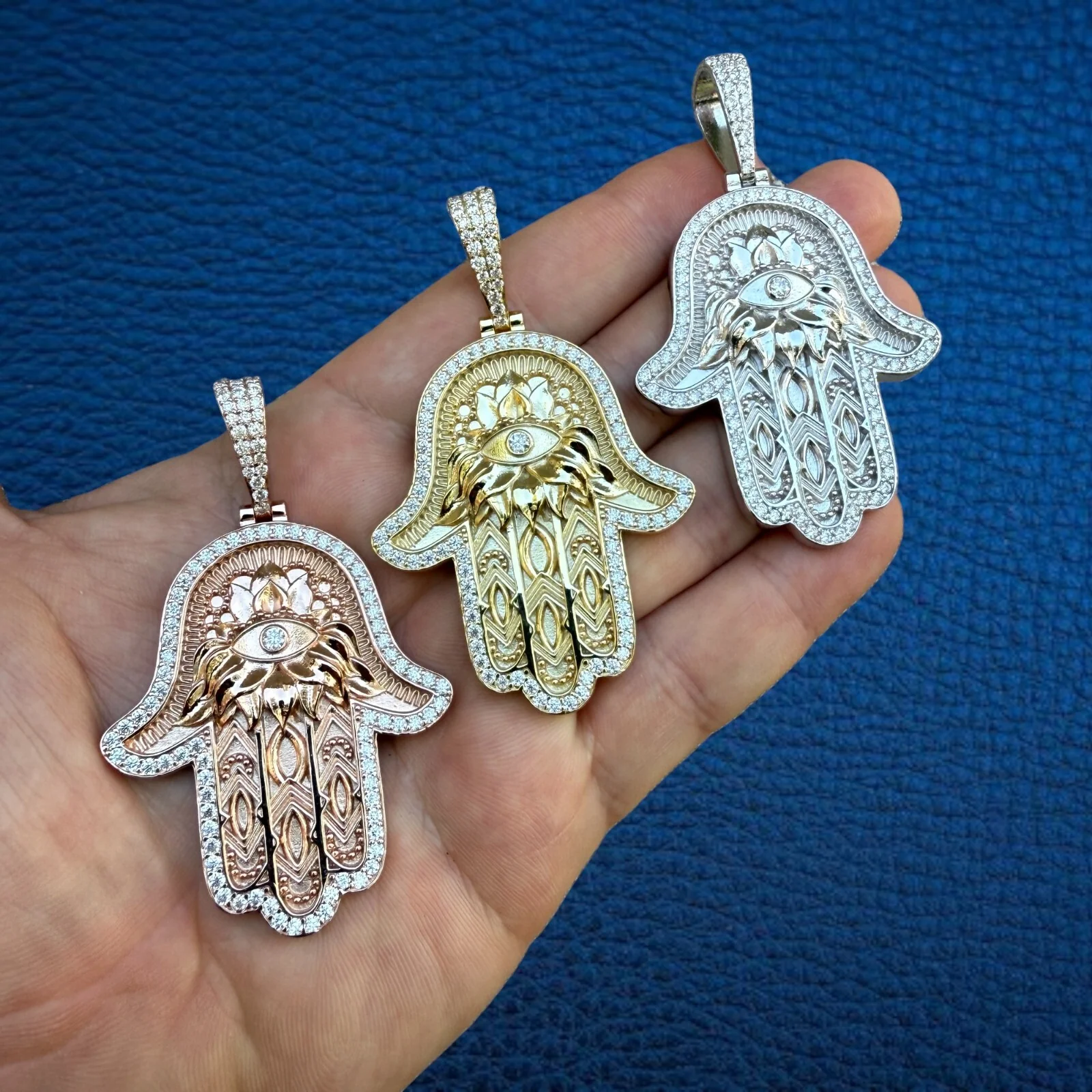 925 Sterling Silver Hamsa Hand Pendant With Moissanite - Large - Image 5