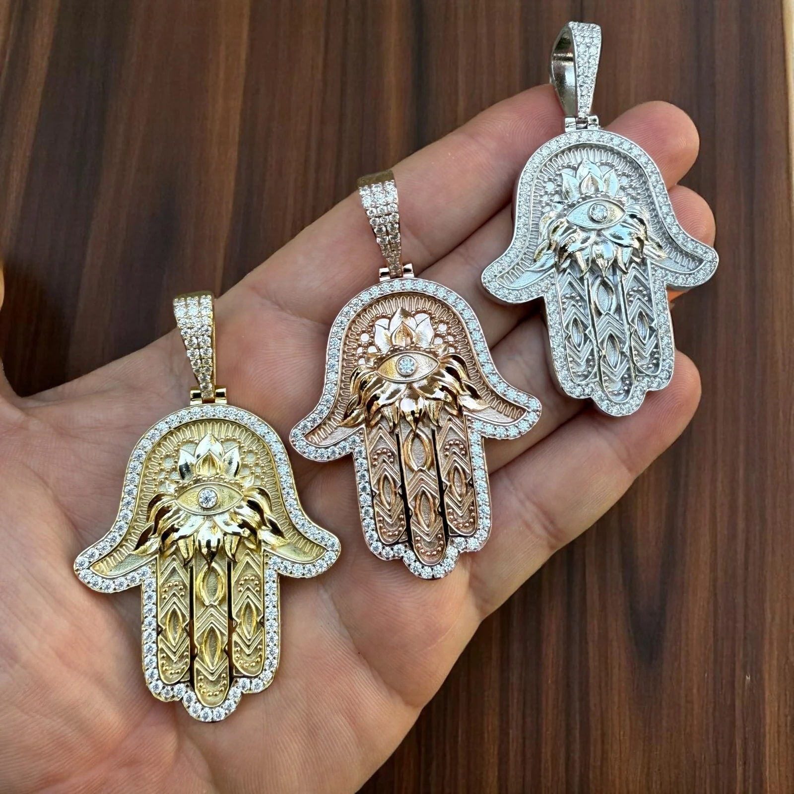 925 Sterling Silver Hamsa Hand Pendant With Moissanite - Large - Image 6