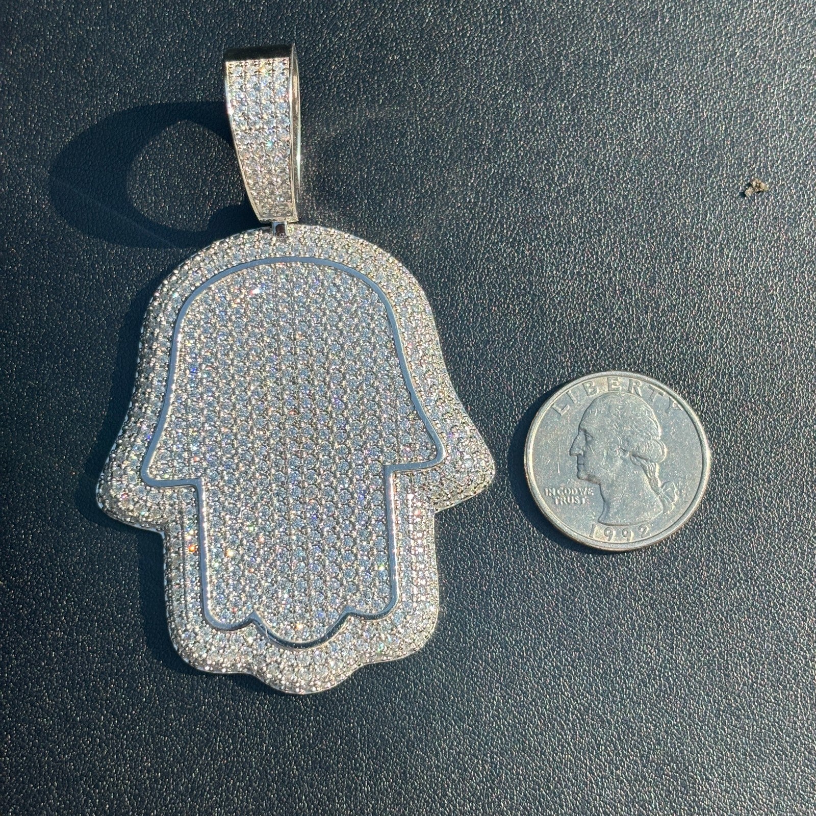 925 Sterling Silver Fully Iced Out Hamsa Pendant With Moissanite - Large - Image 11
