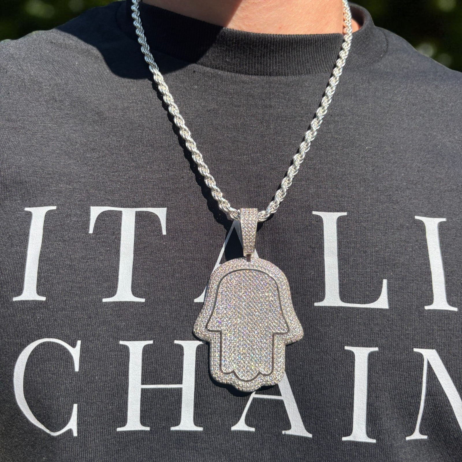 925 Sterling Silver Fully Iced Out Hamsa Pendant With Moissanite - Large - Image 12