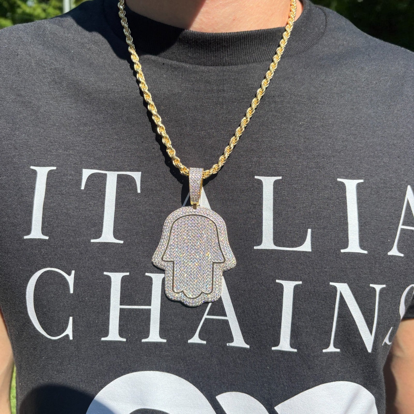 925 Sterling Silver Fully Iced Out Hamsa Pendant With Moissanite - Large - Image 14