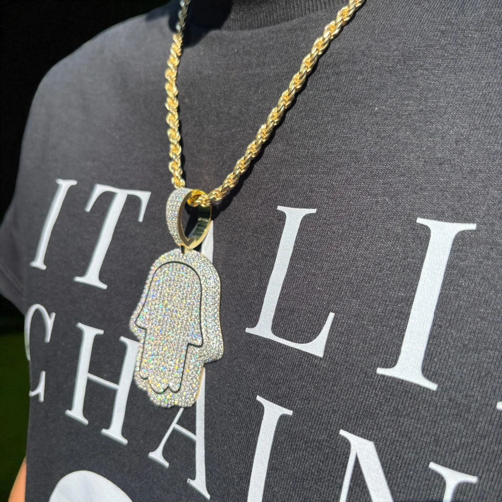 925 Sterling Silver Fully Iced Out Hamsa Pendant With Moissanite - Large - Image 15