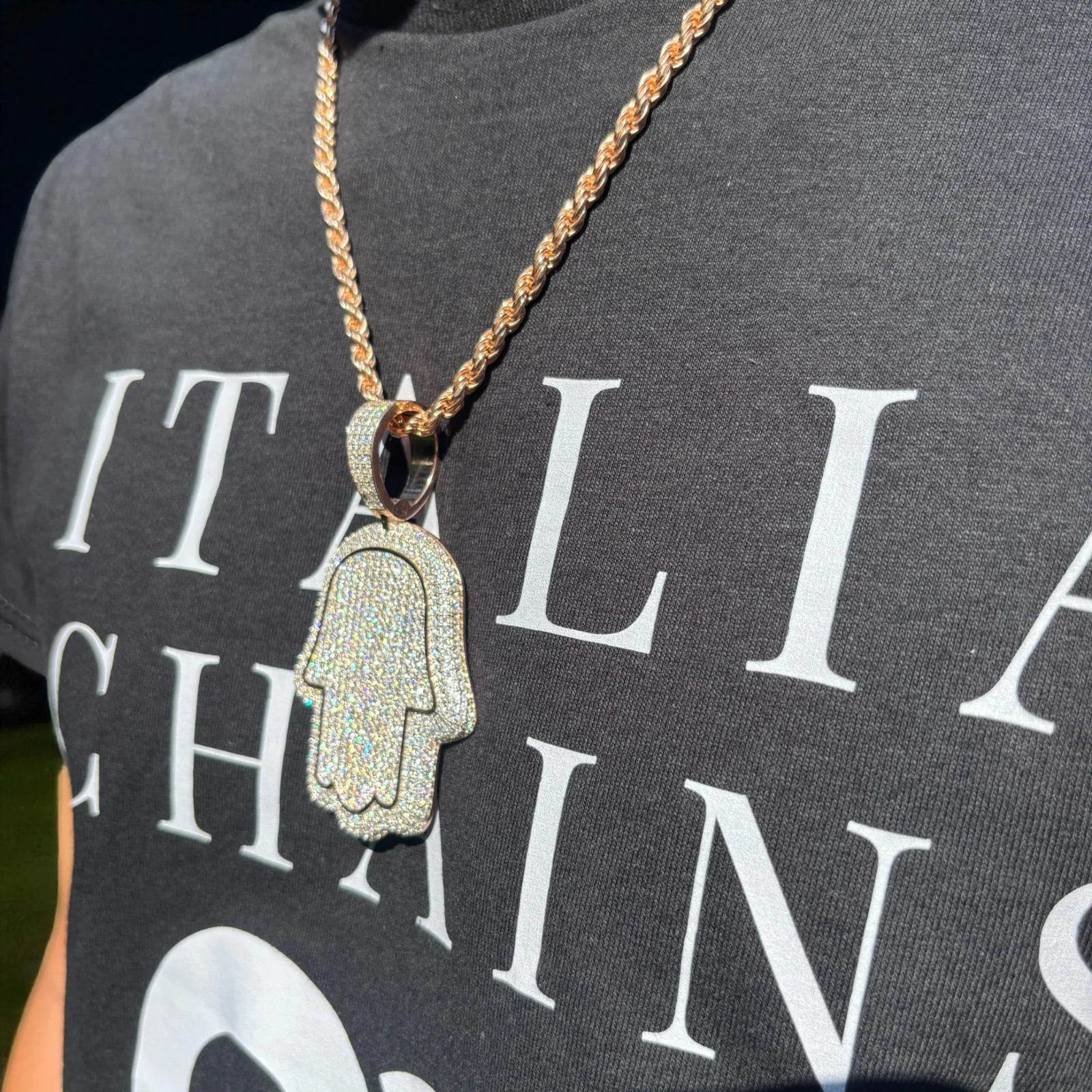925 Sterling Silver Fully Iced Out Hamsa Pendant With Moissanite - Large - Image 17