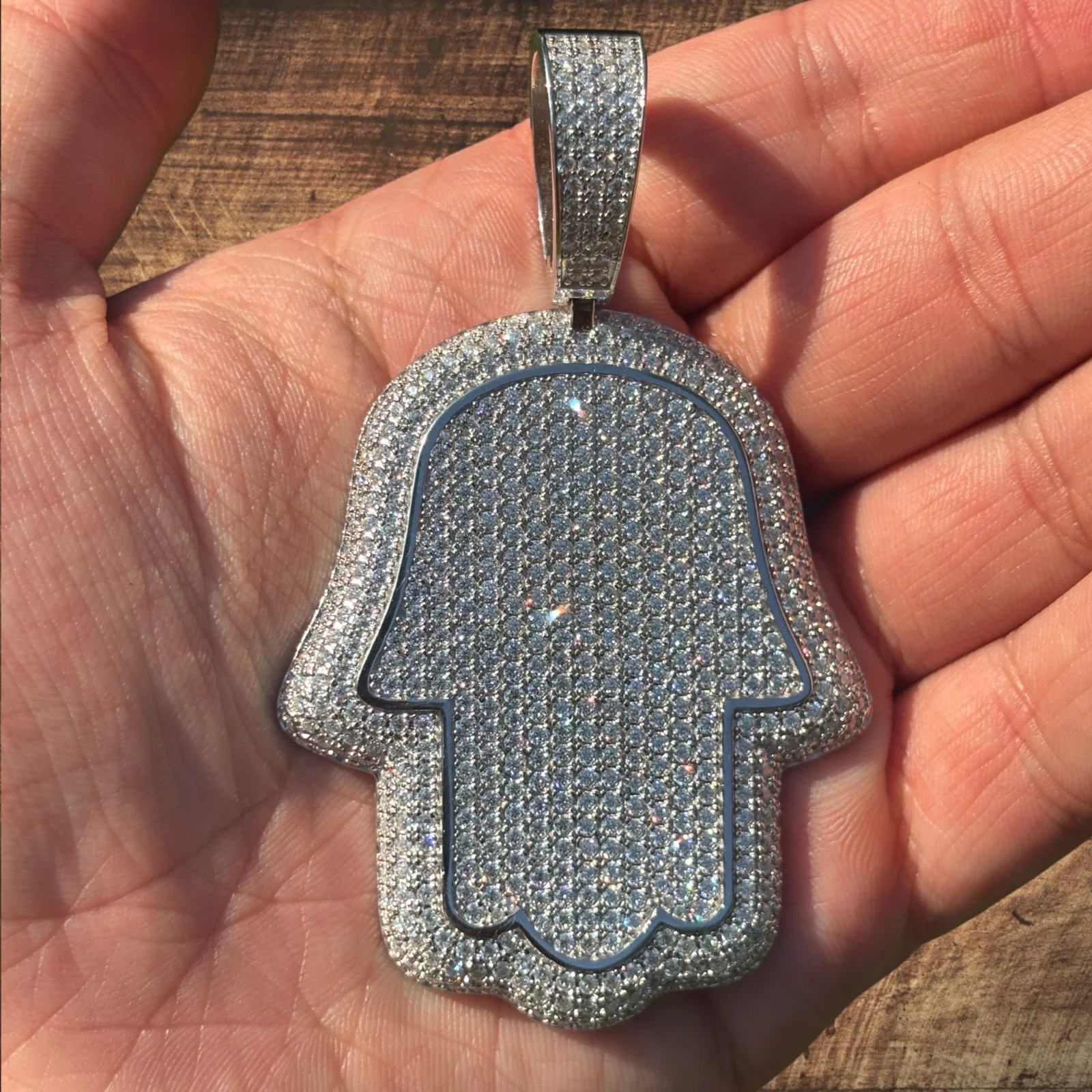 925 Sterling Silver Fully Iced Out Hamsa Pendant With Moissanite - Large - Image 5