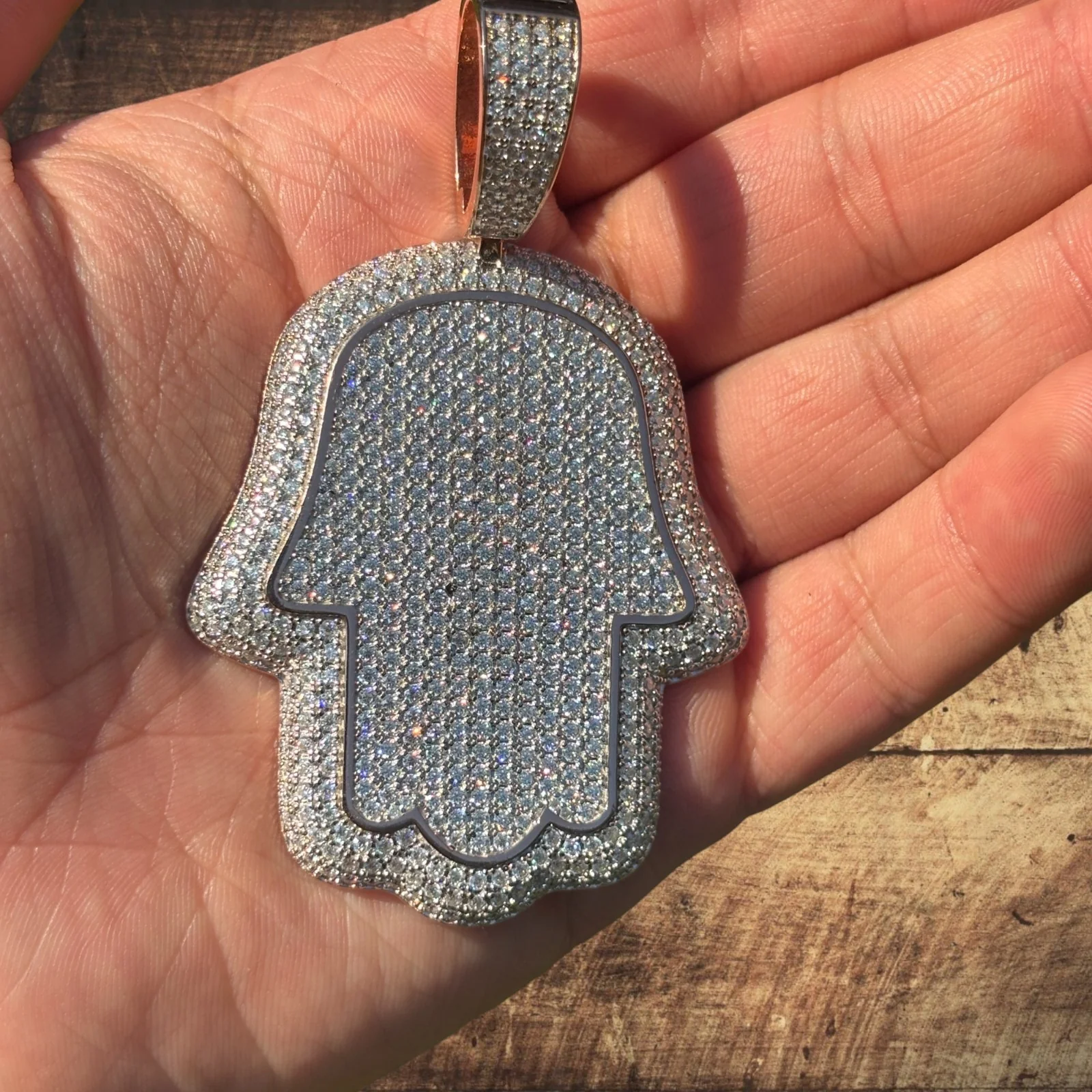 925 Sterling Silver Fully Iced Out Hamsa Pendant With Moissanite - Large - Image 6