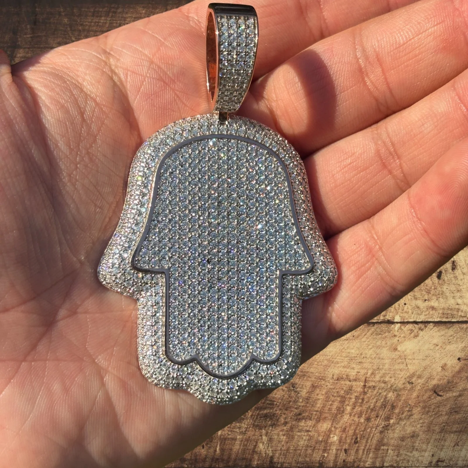 925 Sterling Silver Fully Iced Out Hamsa Pendant With Moissanite - Large - Image 7