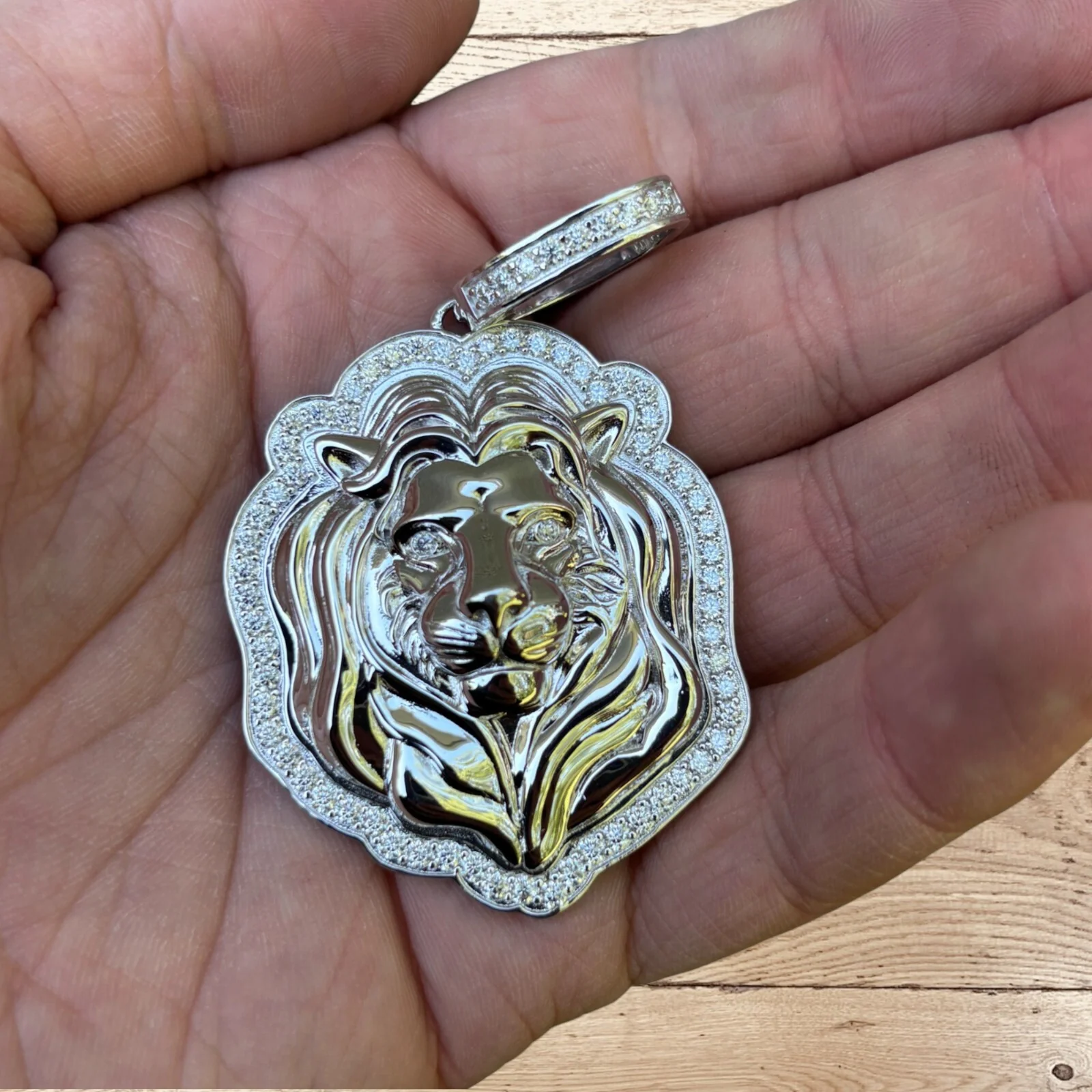 925 Sterling Silver Lion Head Pendant With Moissanite - Large - Image 4