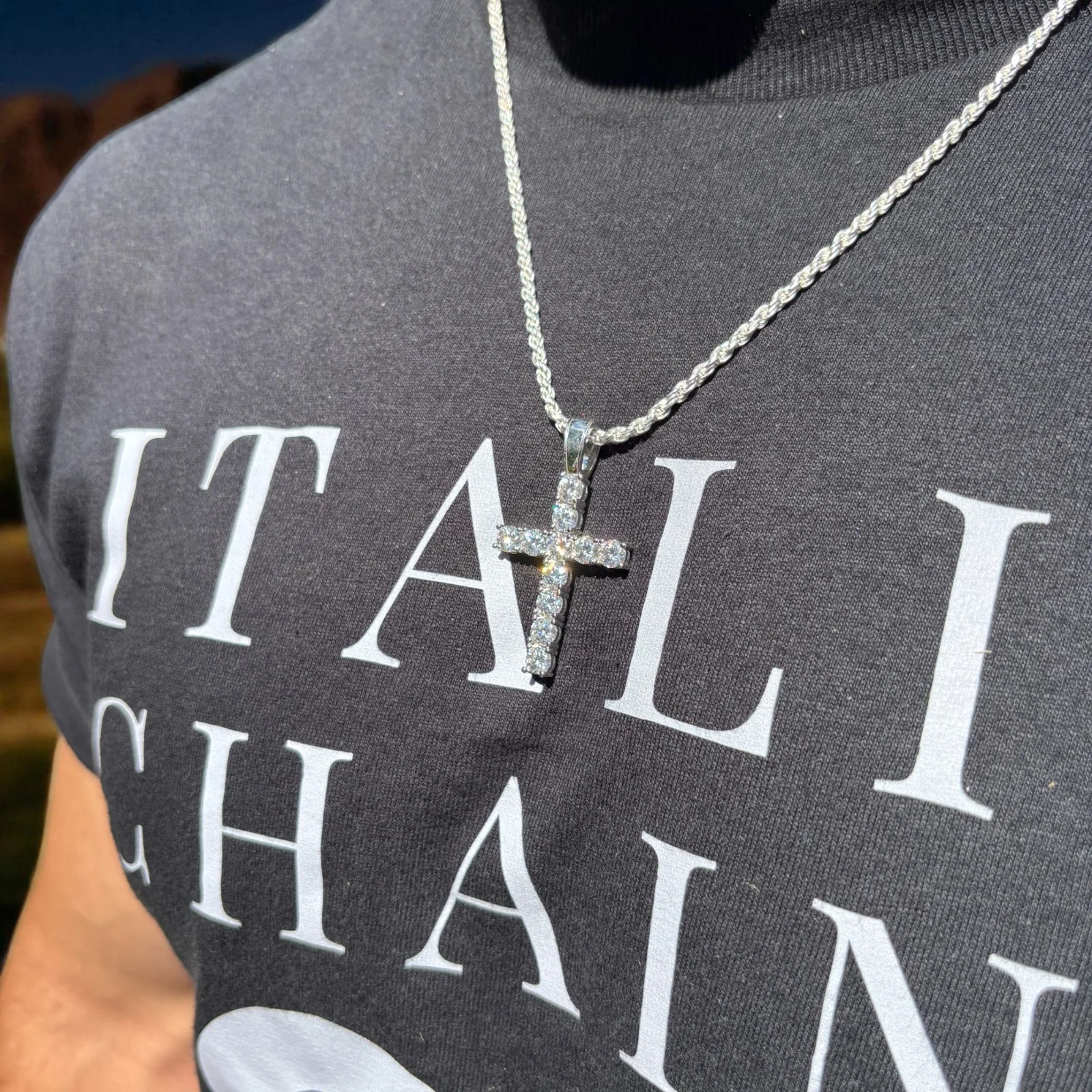 925 Sterling Silver Tennis Cross Pendant With Moissanite - Large - Image 14