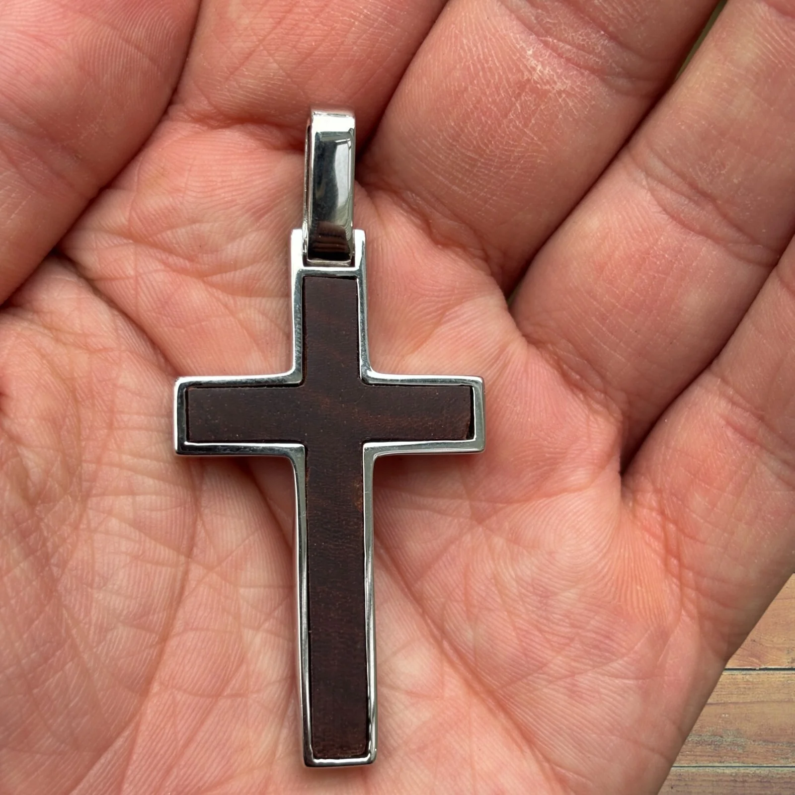 925 Sterling Silver Wooden Cross Pendant - Large - Image 4