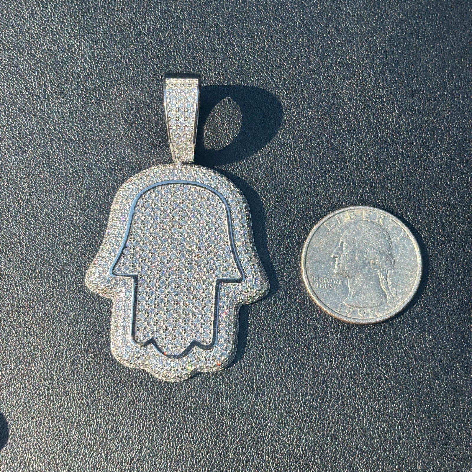 925 Sterling Silver Fully Iced Out Hamsa Pendant With Moissanite - Medium - Image 10